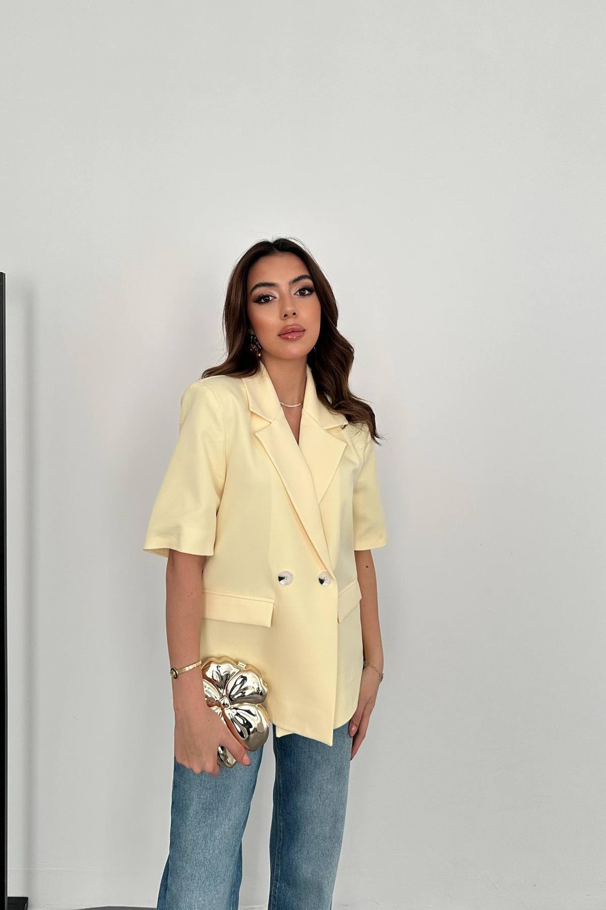 Sarı Kısa Kollu Blazer Ceket