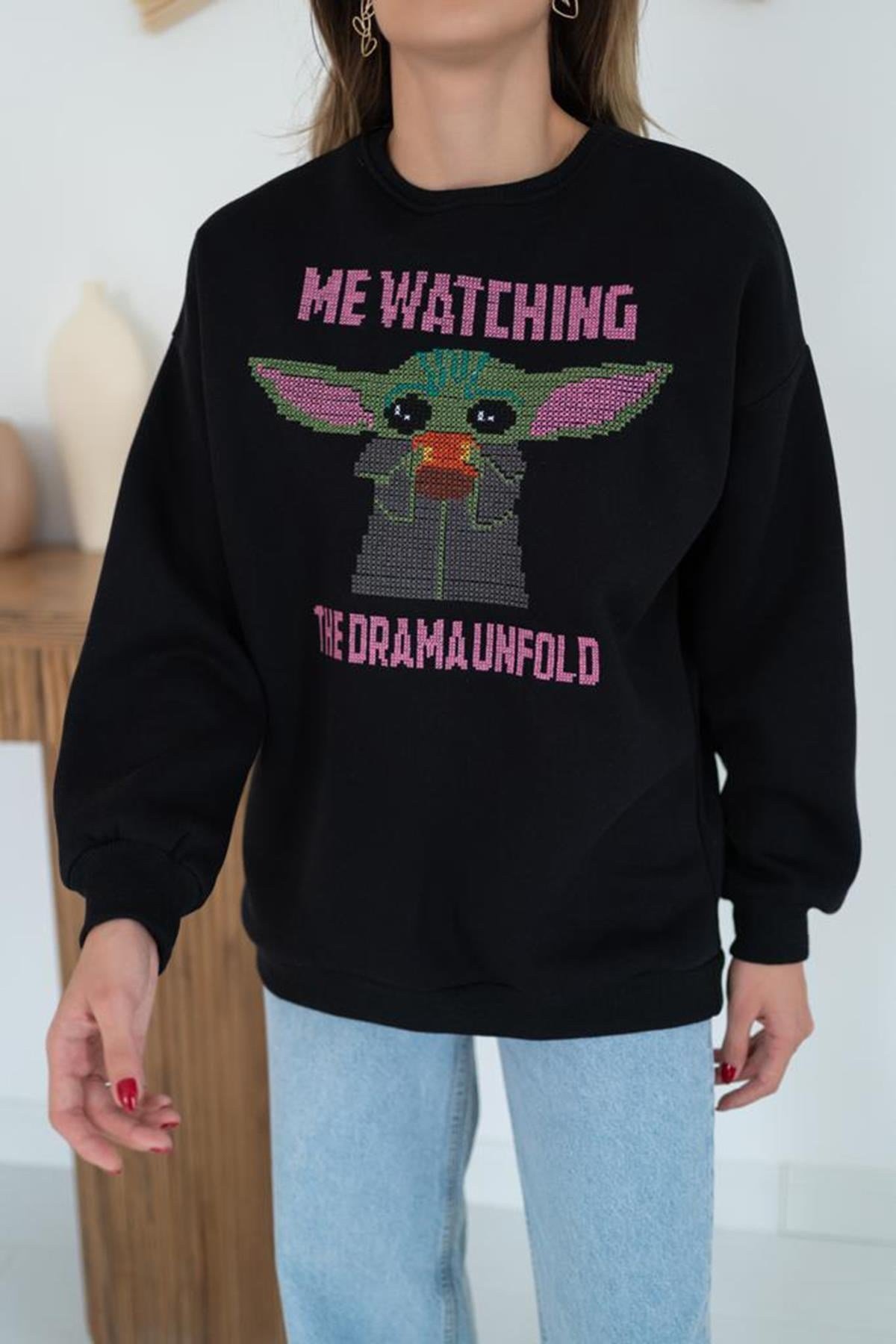 Siyah Baskılı Sweatshirt
