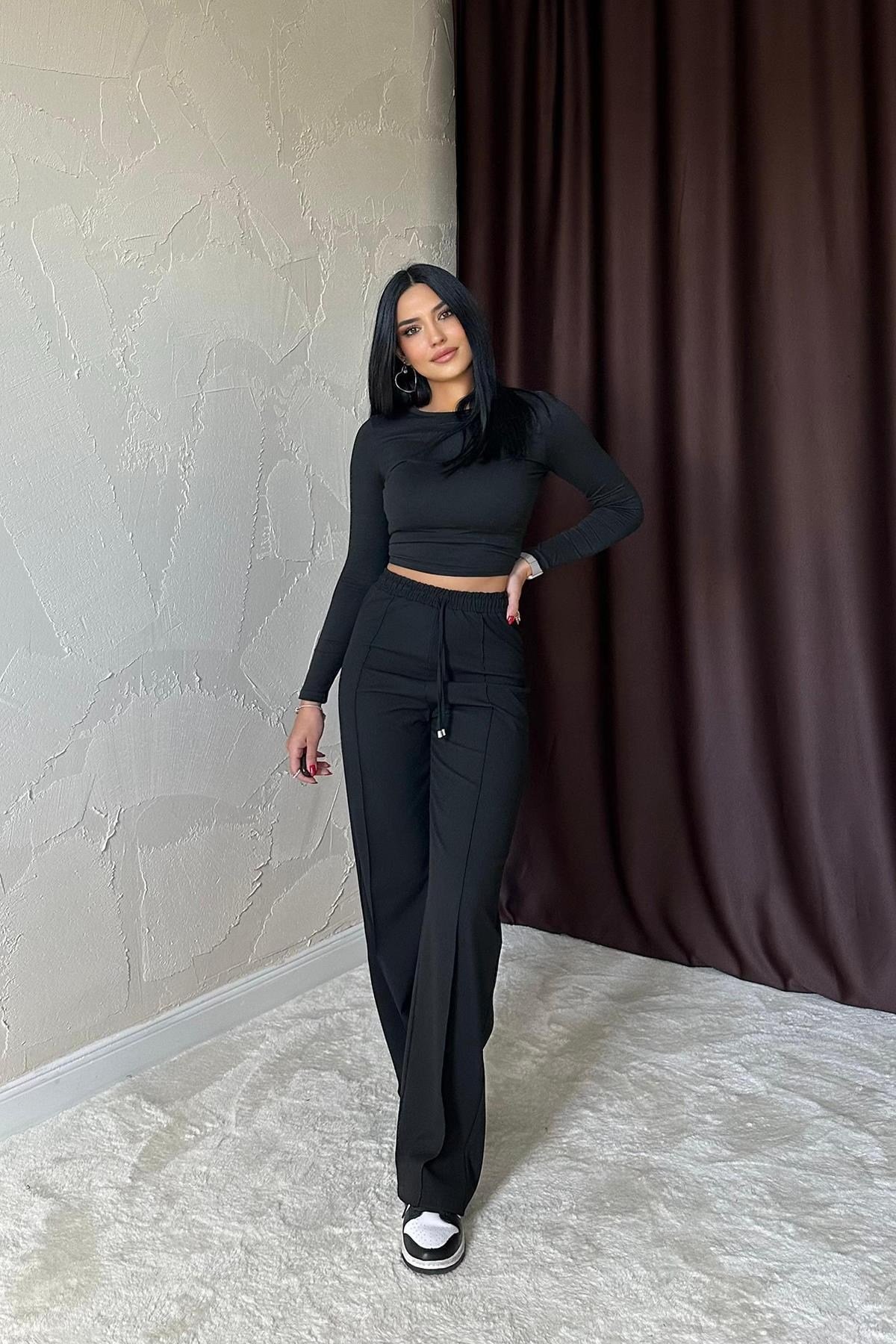 Siyah Bel Büzgülü Pantolon