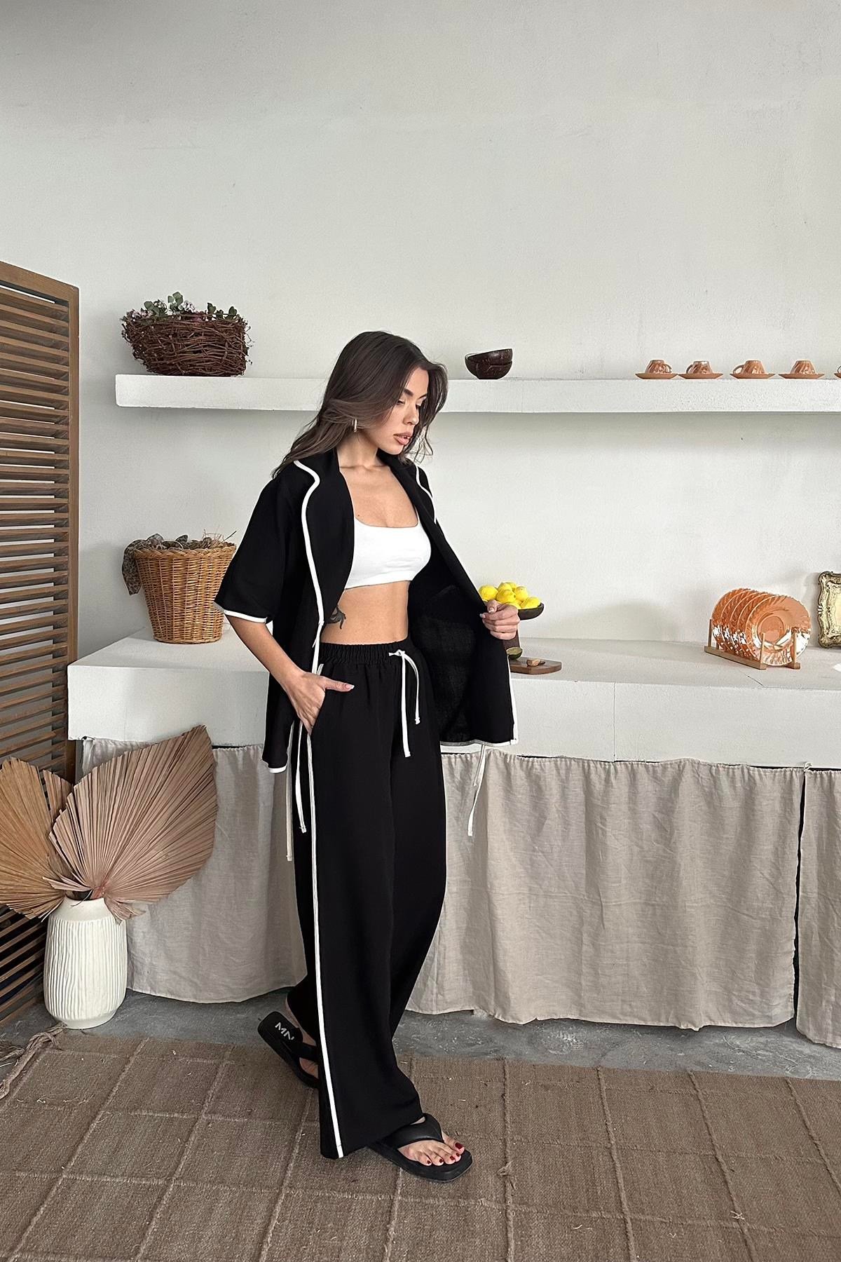 Siyah Biye Detaylı Keten Takım
