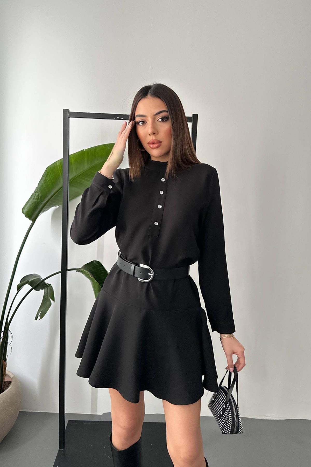 Siyah Klasik Düz Mini Elbise