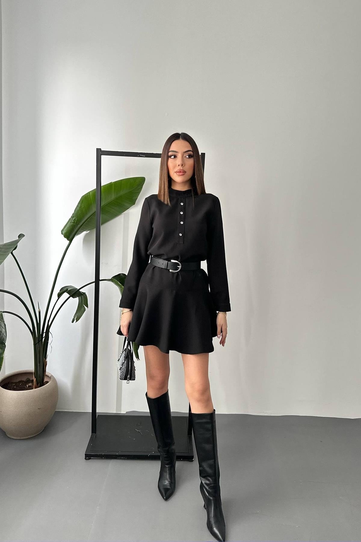 Siyah Klasik Düz Mini Elbise
