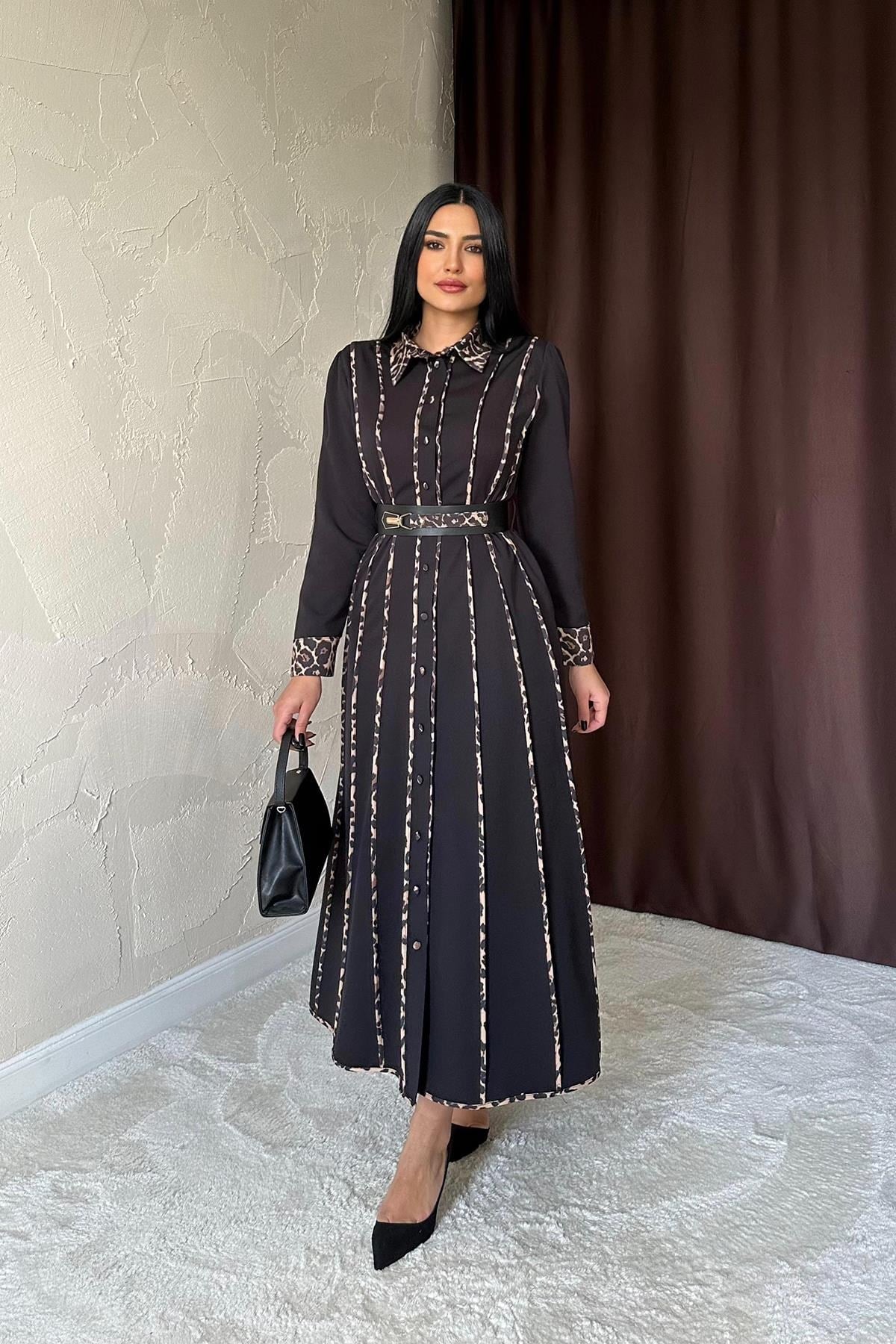 Siyah Leopar Biyeli Kemerli Elbise