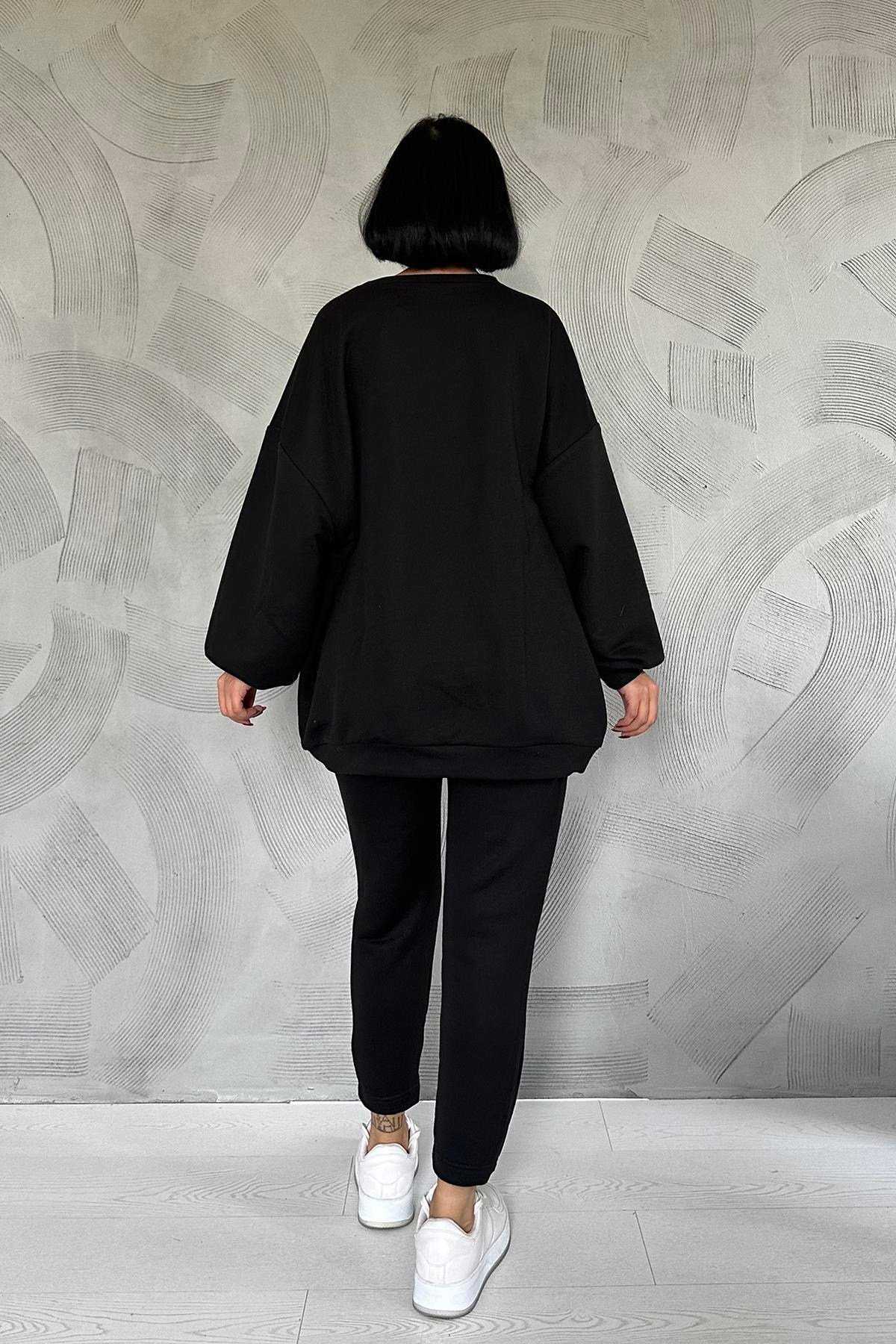 Siyah Spor Sweatshirt Ve Pantolon Takım