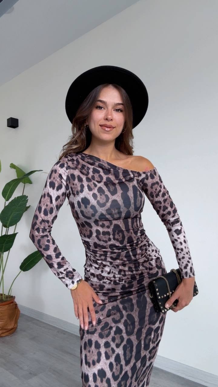 Tek Omuz Leopar Desenli Midi Elbise