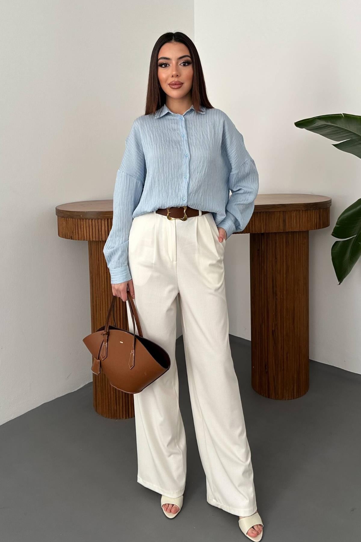 Toptan Bebe Mavi Nakışlı Oversize Gömlek