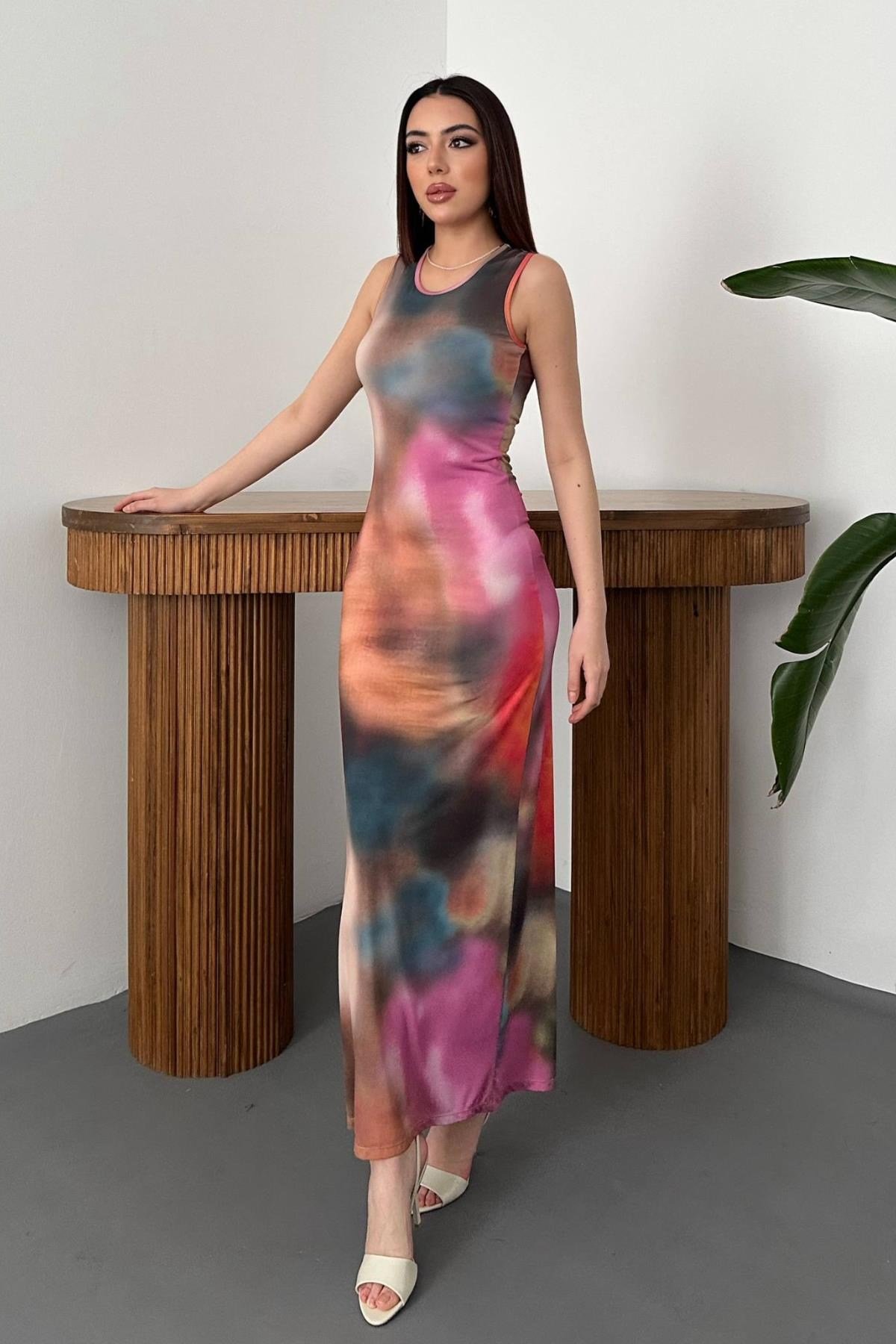 Toptan Bej Batik Desenli Elbise
