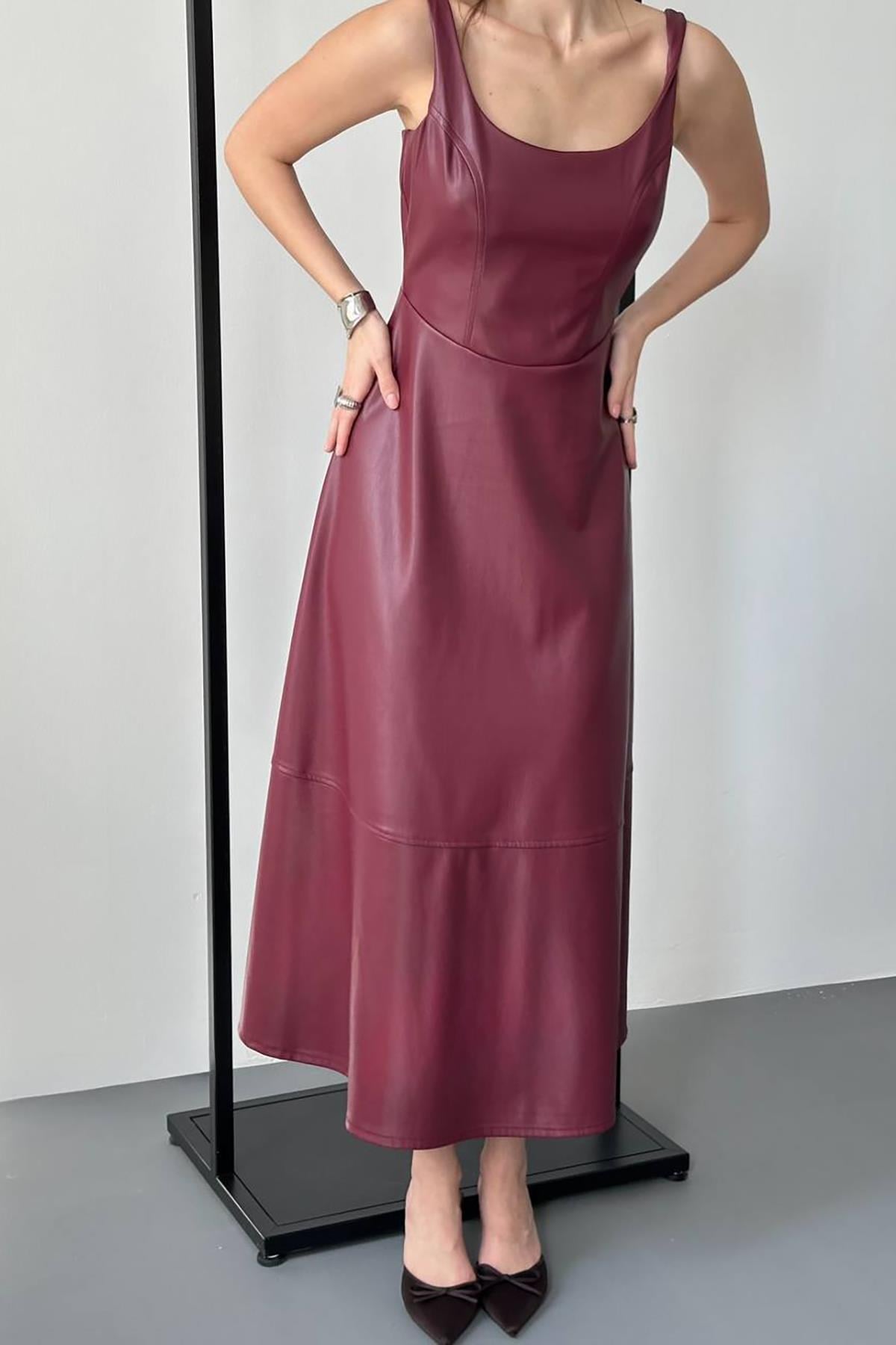 Toptan Bordo Askılı Deri Elbise