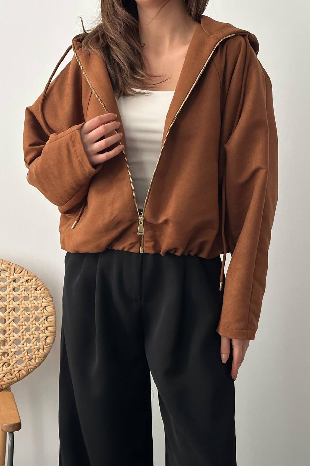 Toptan Camel Kısa Kapüşonlu Ceket
