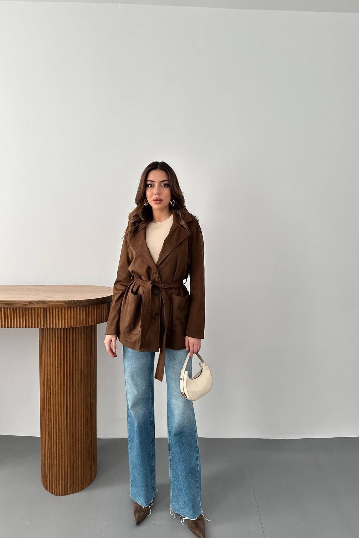 Toptan Camel Süet Bağlamalı Ceket