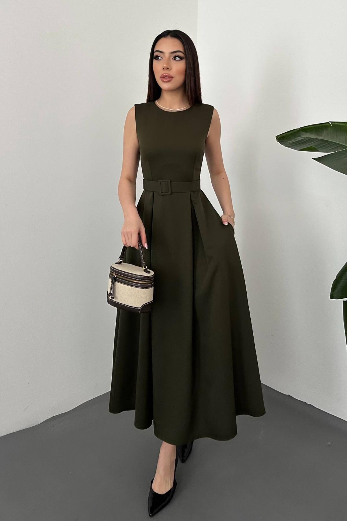 Toptan Haki Halter Yaka Kloş Elbise