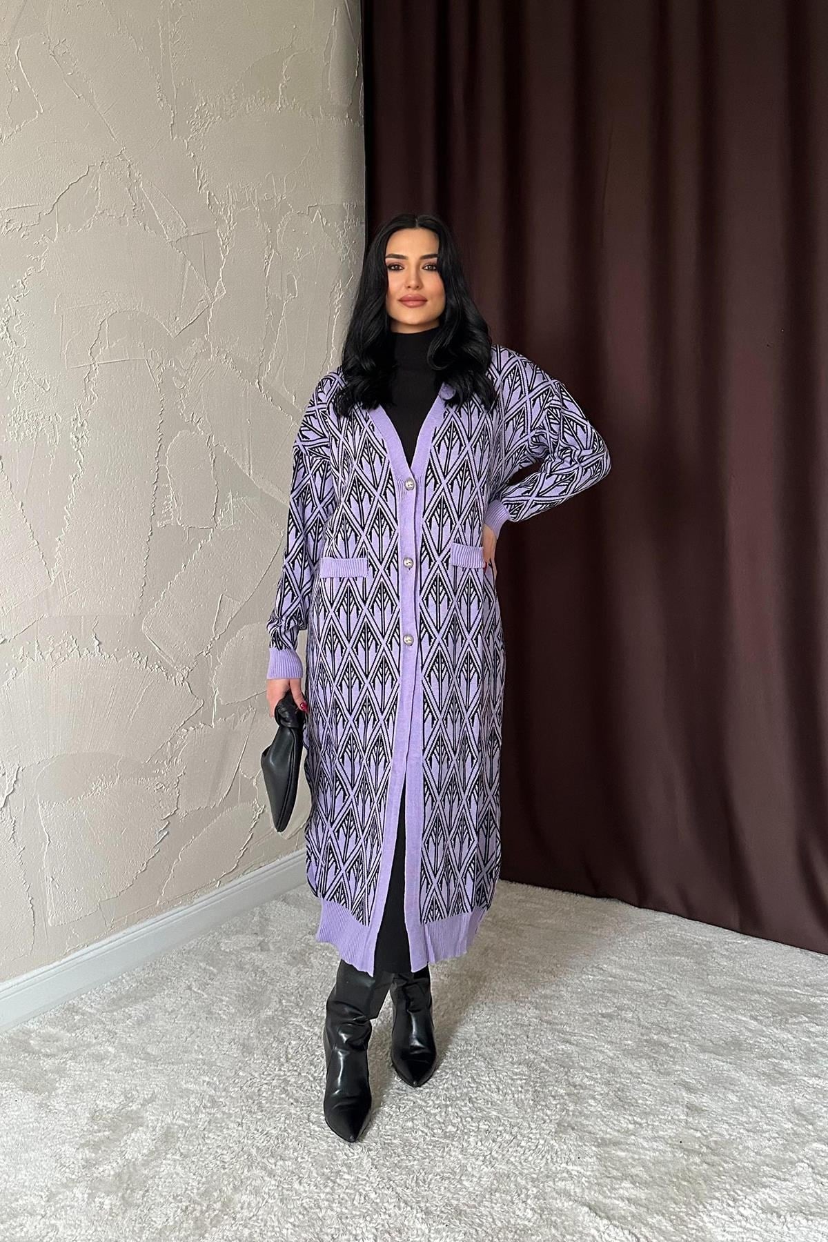 Toptan Lila Düğmeli Triko Hırka