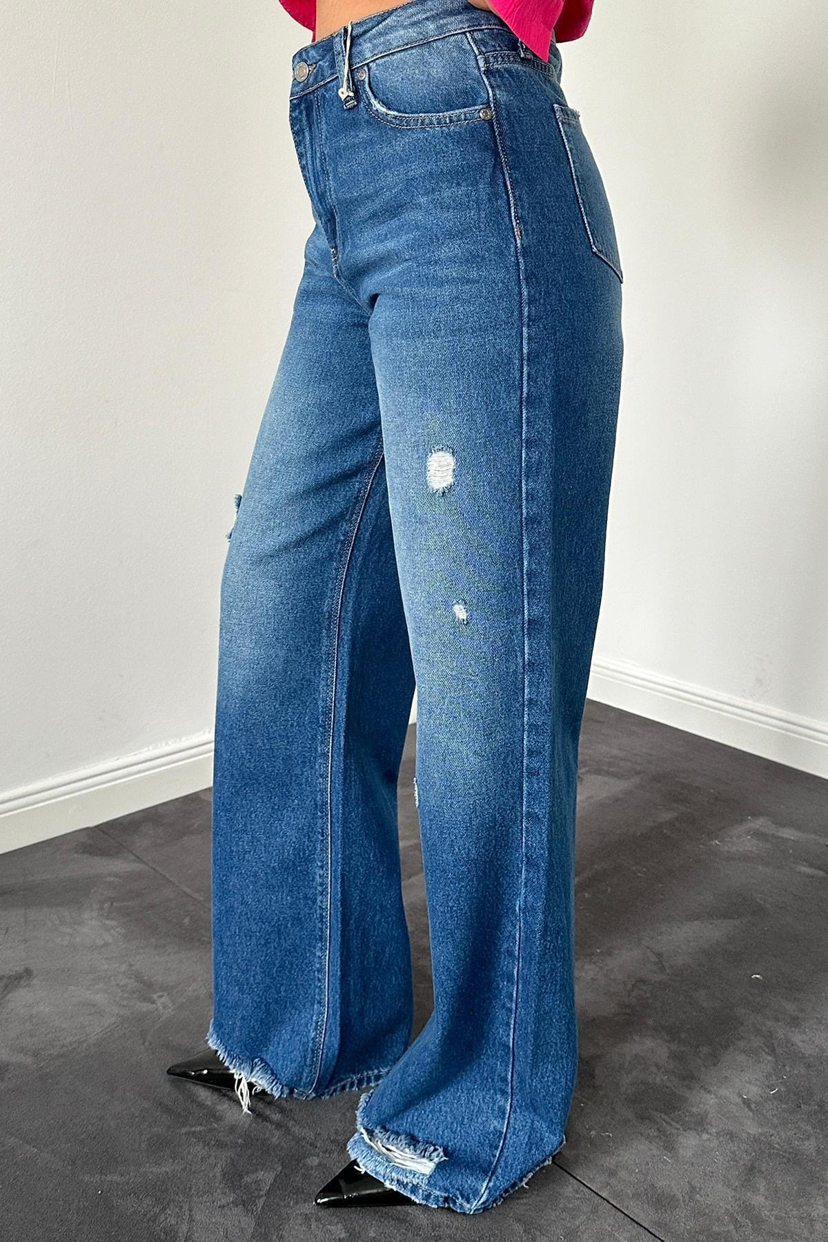 Toptan Mavi Palazzo Lazerli Jeans Pantolon