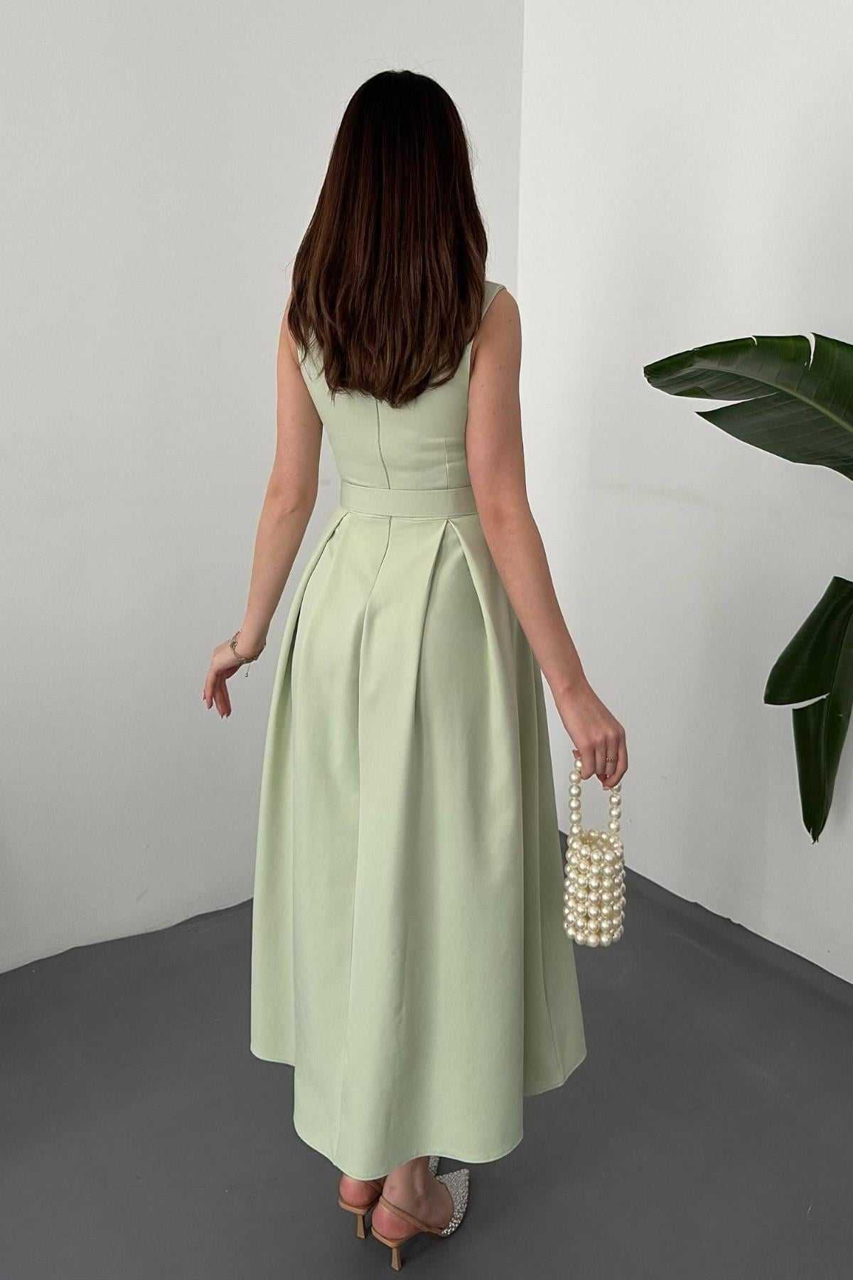 Toptan Mint Halter Yaka Kloş Elbise