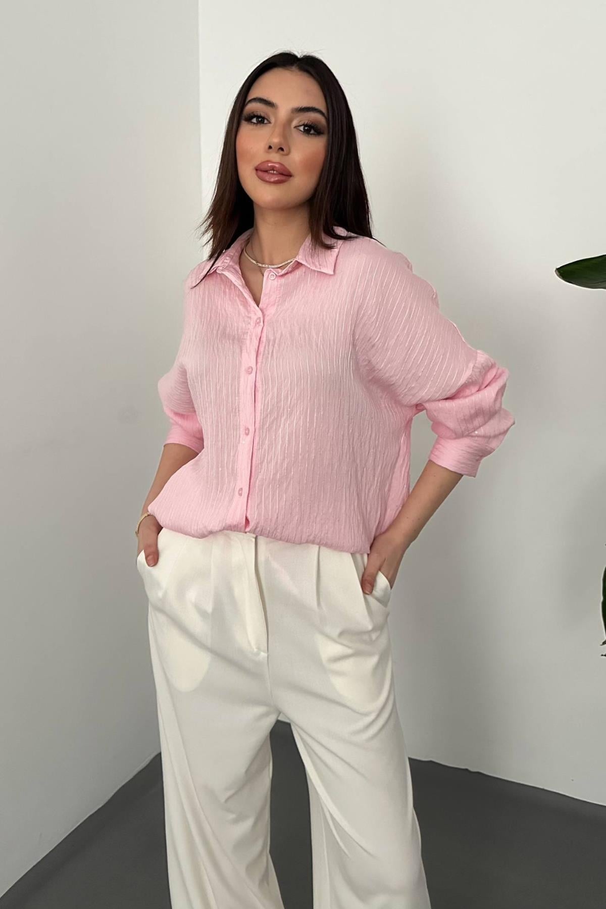 Toptan Pembe Nakışlı Oversize Gömlek