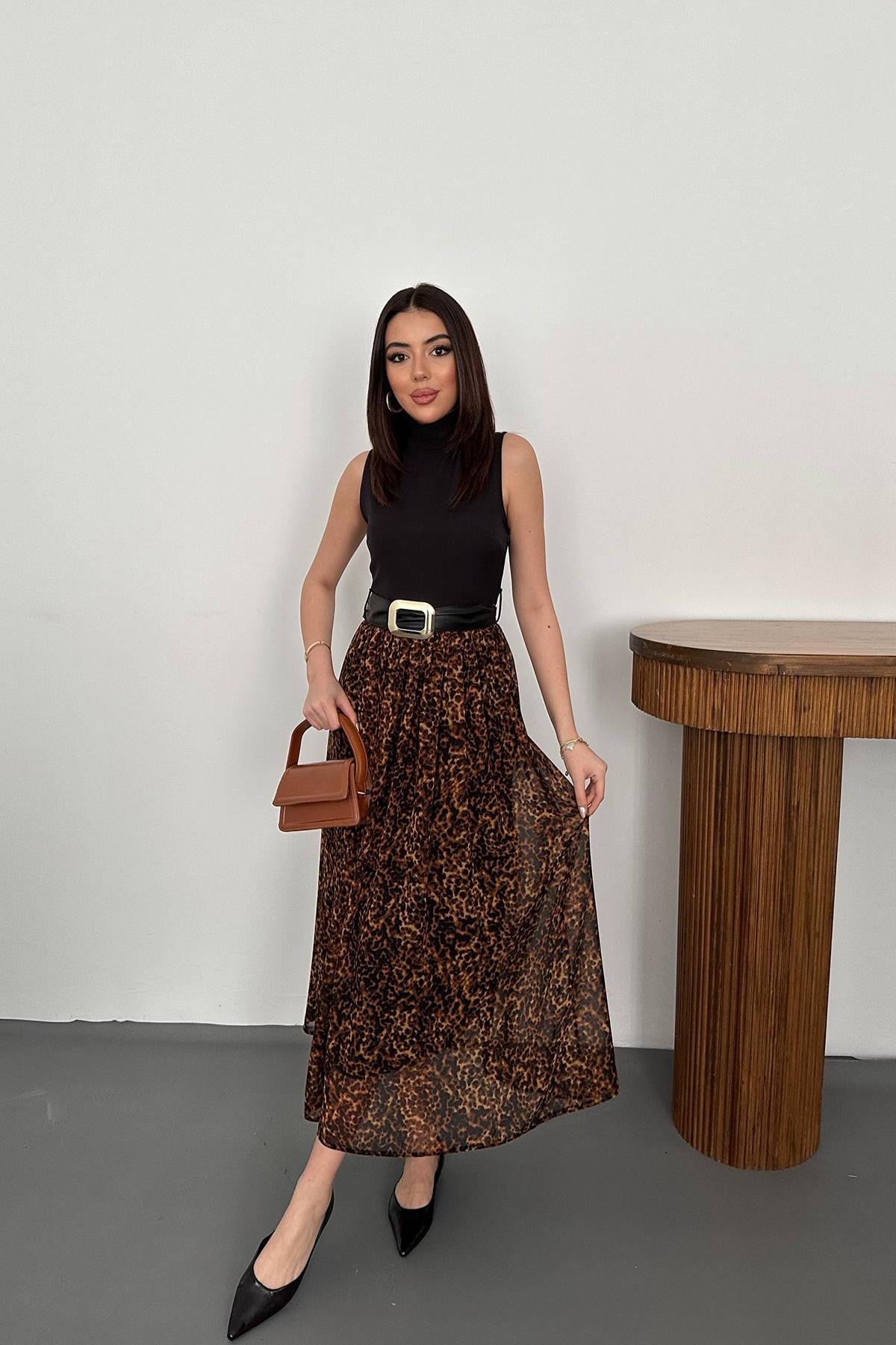 Toptan Siyah Alt Eteği Leopar Elbise