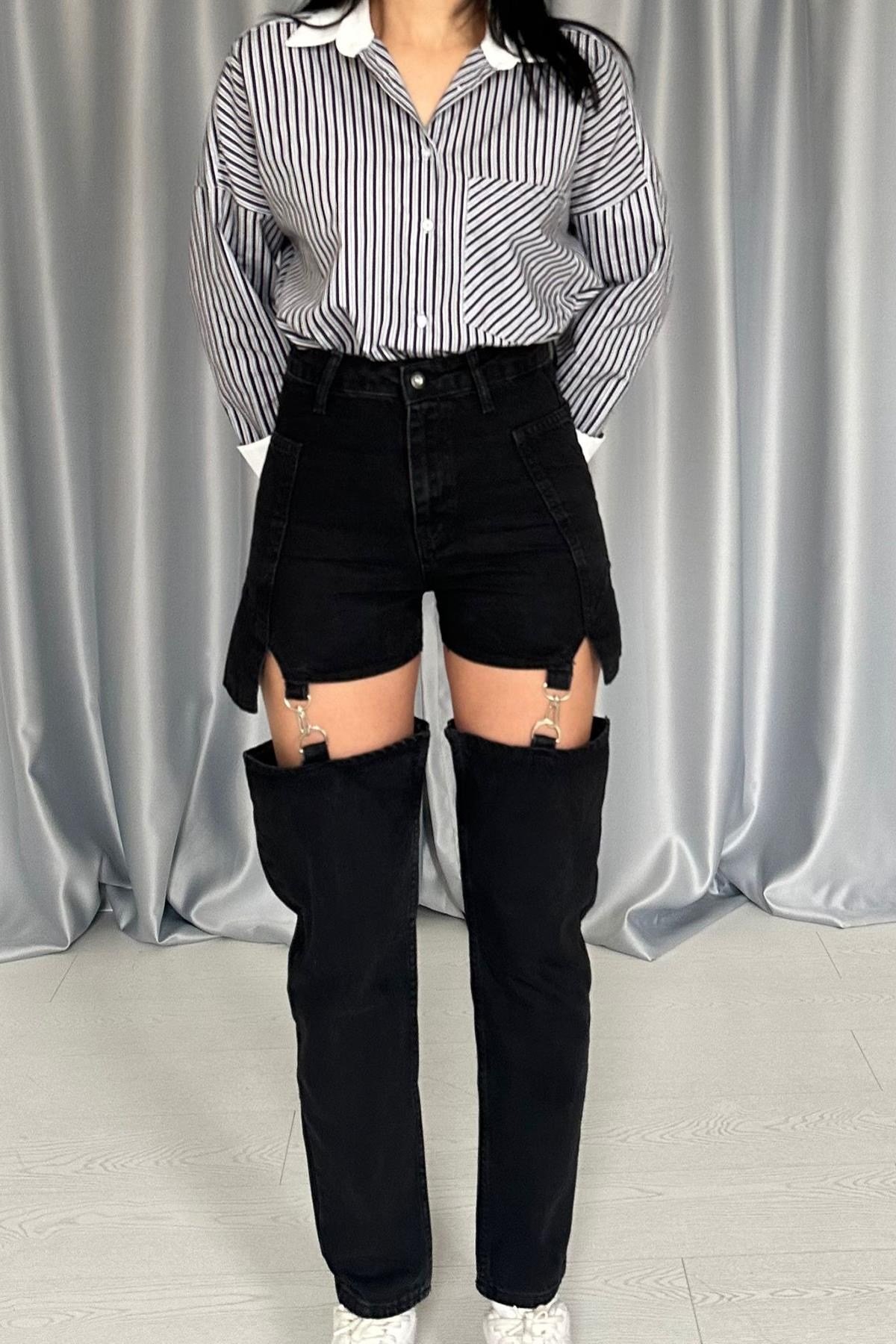 Toptan Siyah Askılı İki Parça Jeans Pantolon