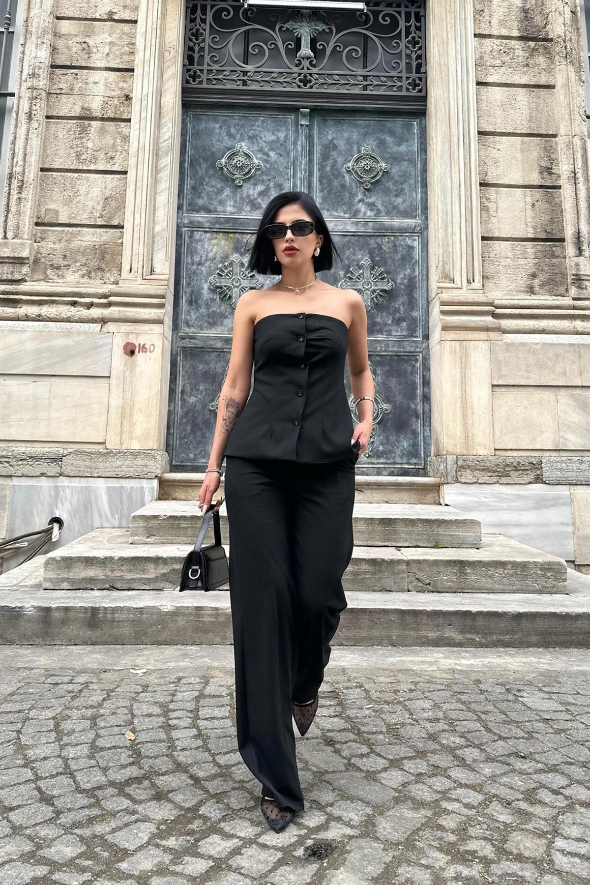 Toptan Siyah Straplez Düğmeli Crop Ve Pantolon Takım