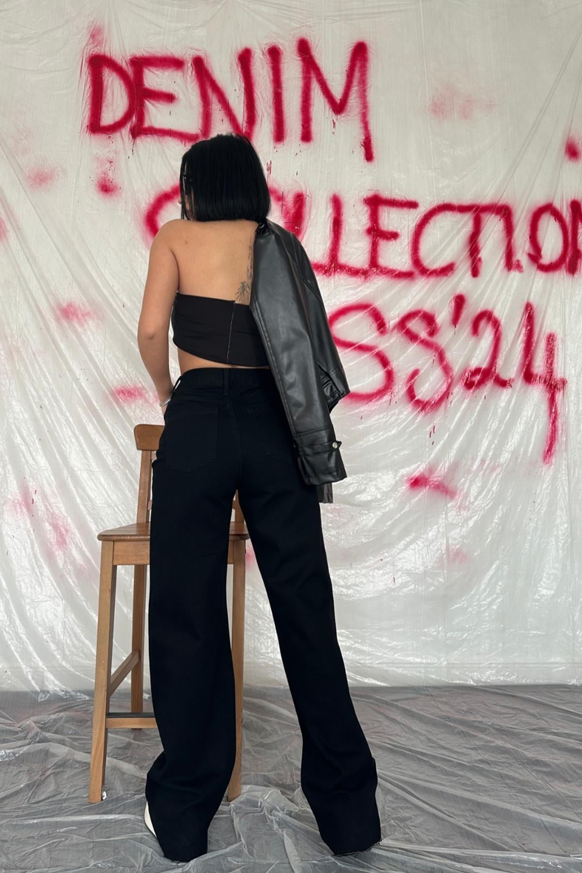 Toptan Siyah Yüksek Bel Ve Geniş Paça Jeans Pantolon