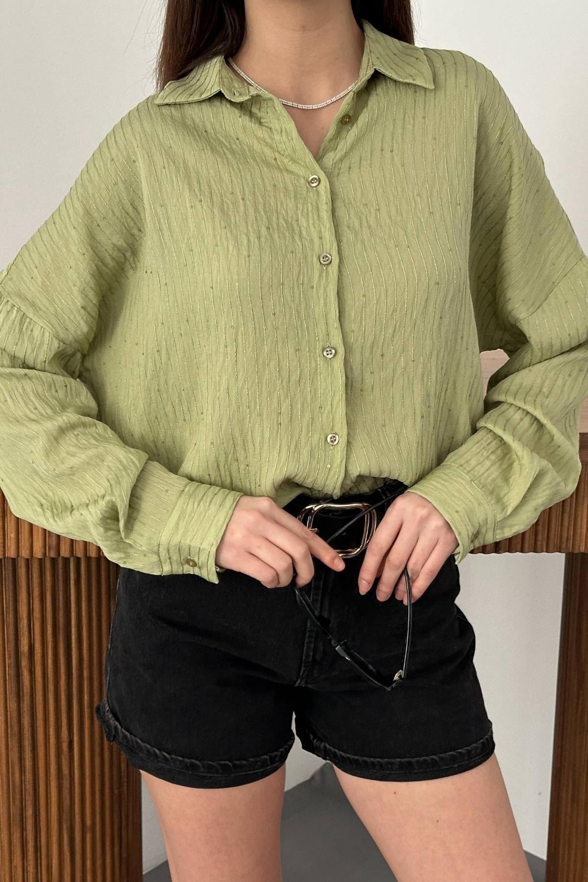 Toptan Yeşil Nakışlı Oversize Gömlek