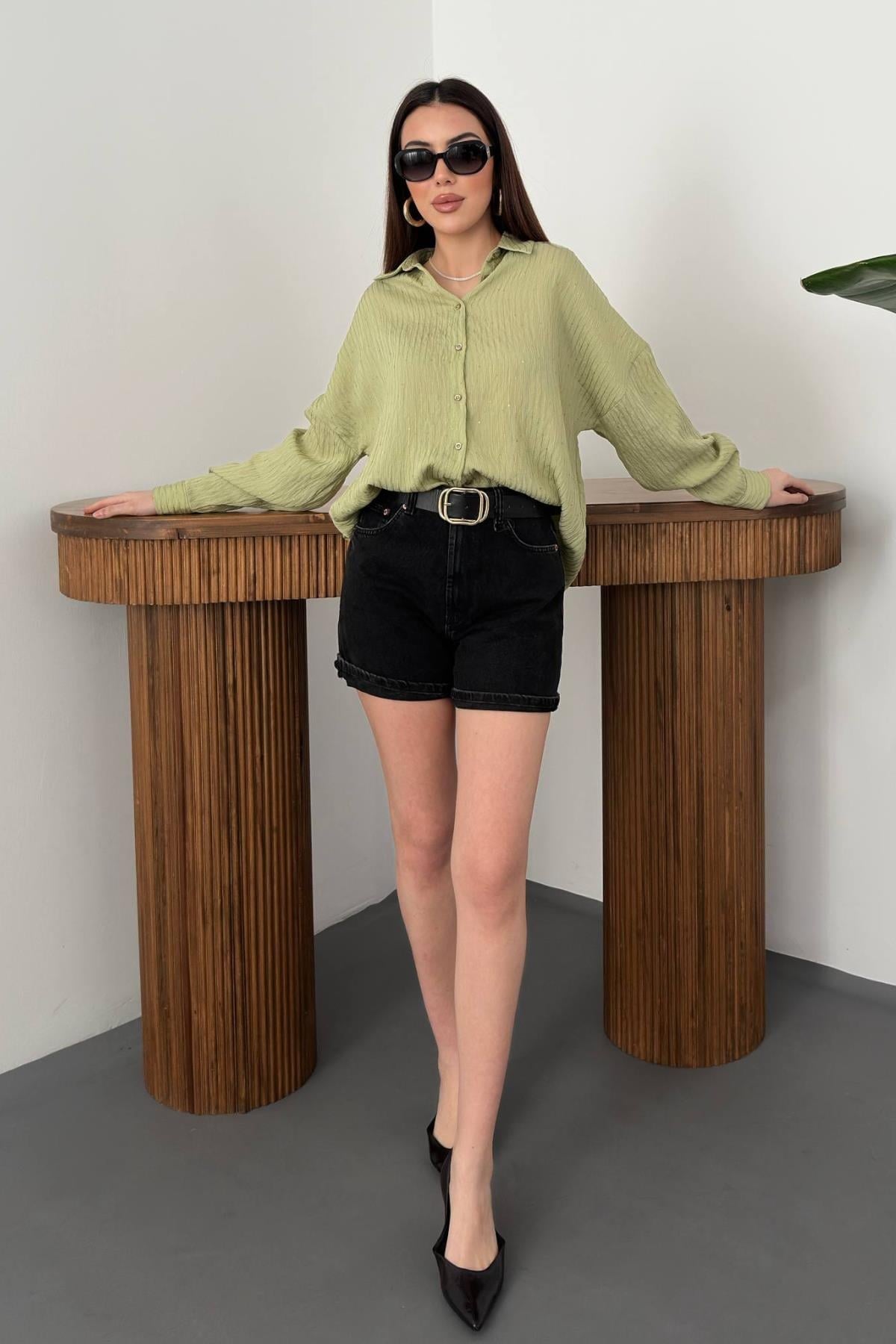 Toptan Yeşil Nakışlı Oversize Gömlek