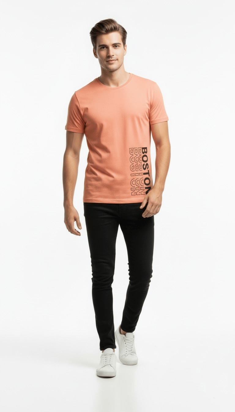 Urban Boston Dikey Baskı Erkek Tişört – Slim Fit, Sokak Stili Günlük T-Shirt