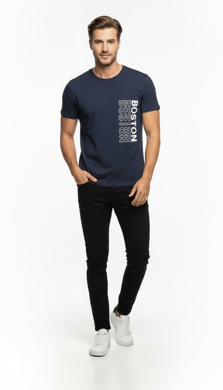 Urban Boston Dikey Baskı Erkek Tişört – Slim Fit, Sokak Stili Günlük T-Shirt