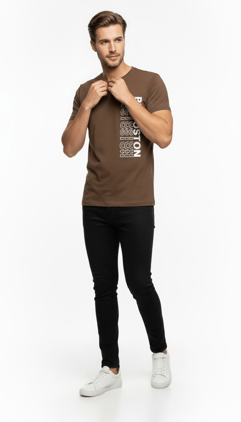 Urban Boston Dikey Baskı Erkek Tişört – Slim Fit, Sokak Stili Günlük T-Shirt