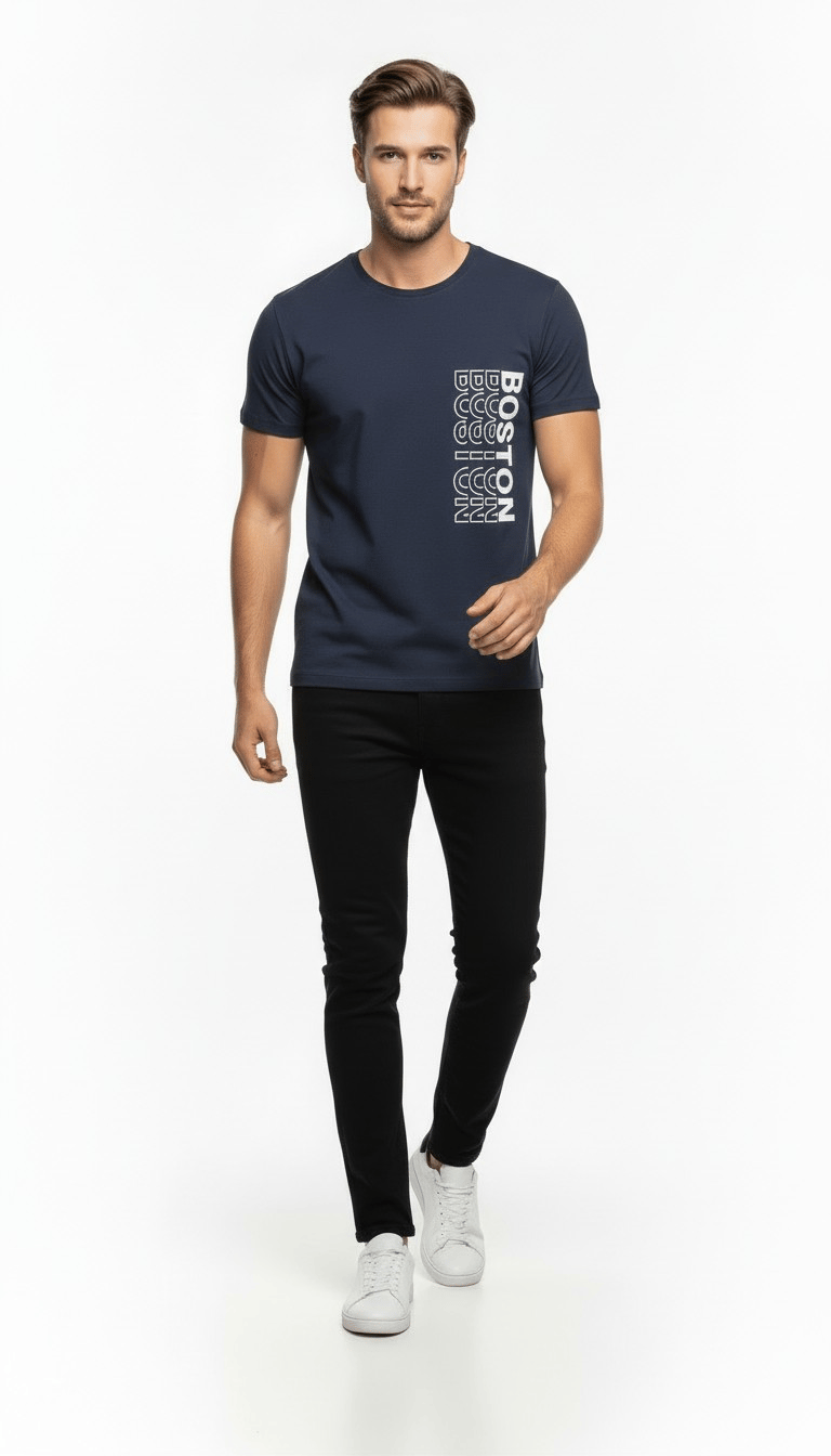 Urban Boston Dikey Baskı Erkek Tişört – Slim Fit, Sokak Stili Günlük T-Shirt