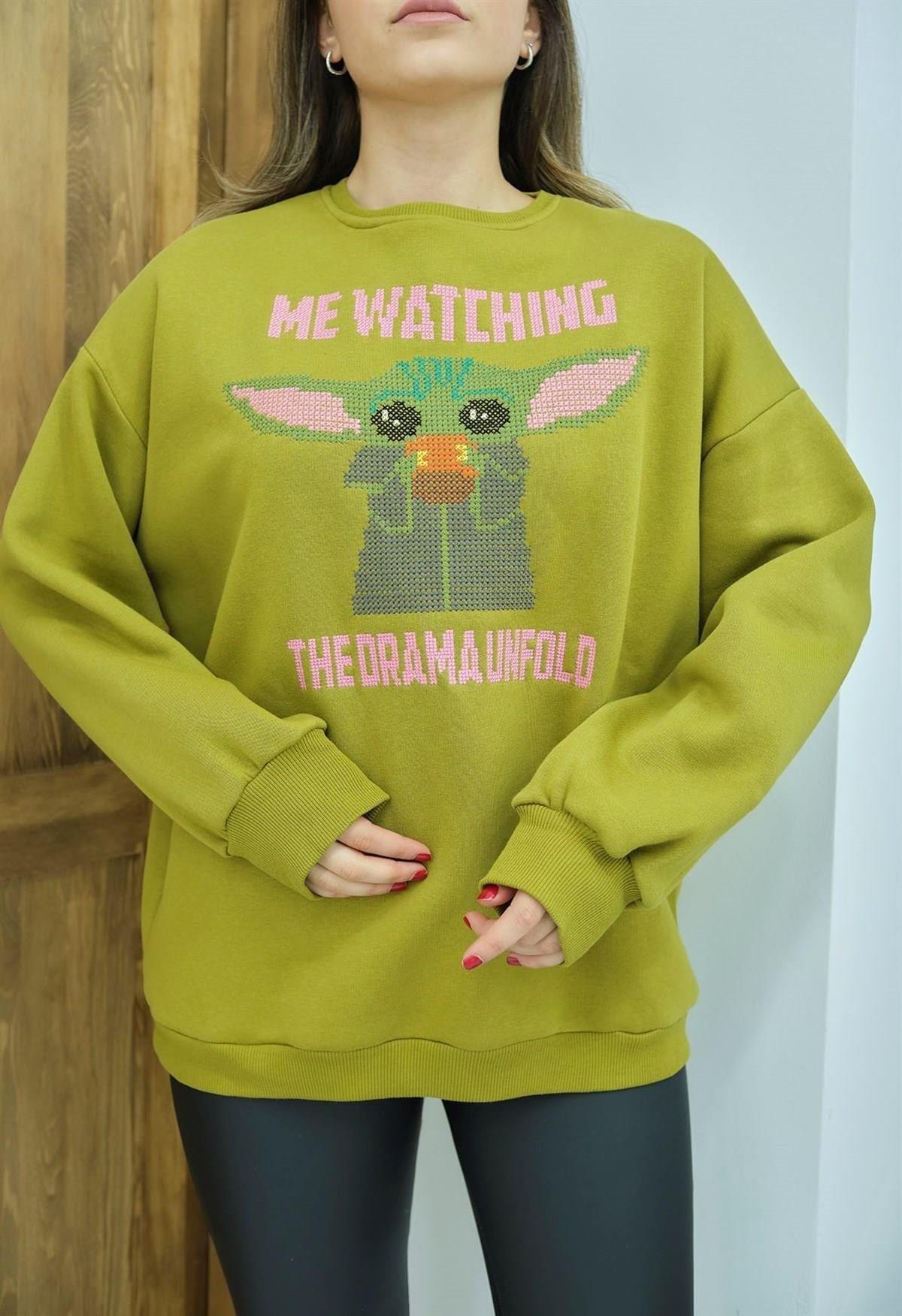 Yeşil Baskılı Sweatshirt