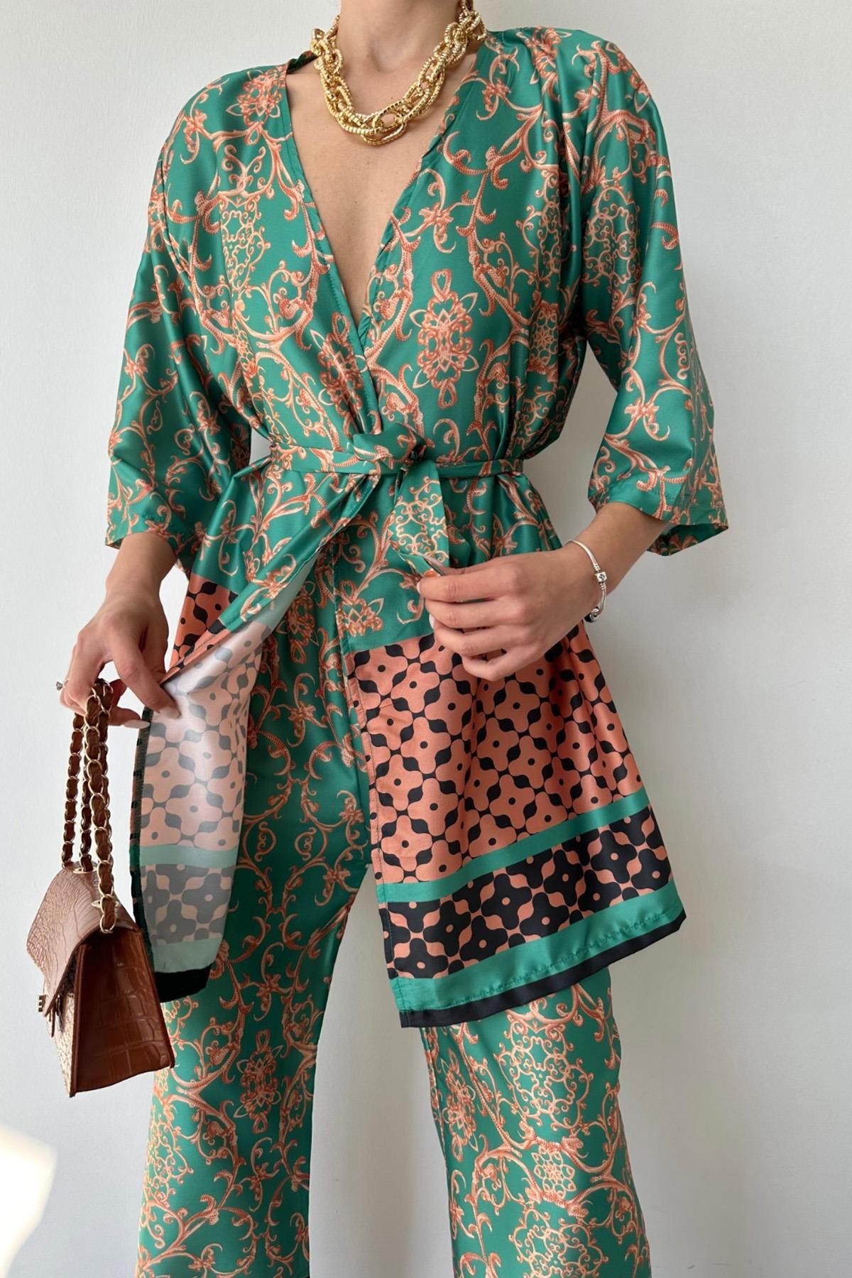 Yeşil Desenli Kimono Ve Pantolon Takım