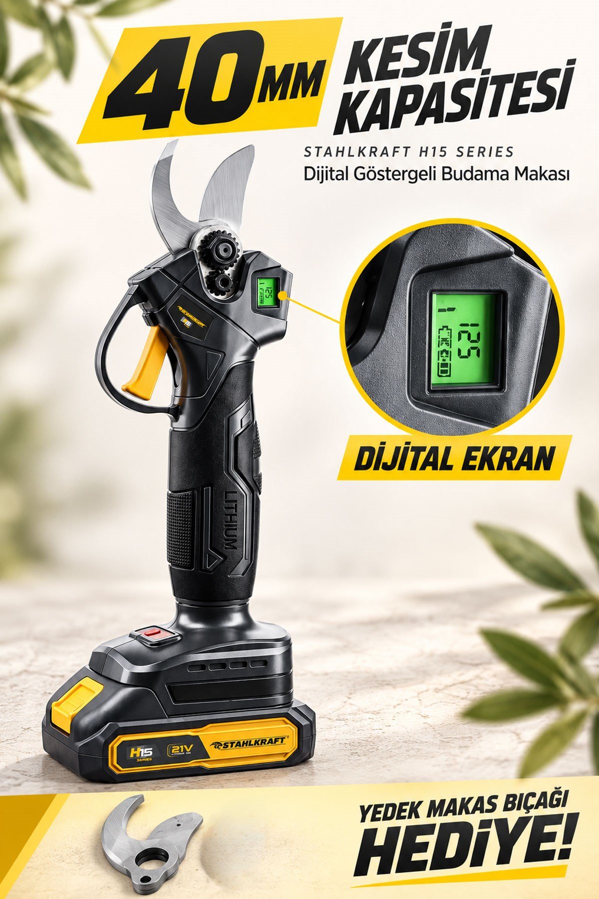 STAHLKRAFT H15 4010 + STH 1010 3'lü Akülü Bahçe Seti Budama Testeresi , Budama Makası , Teleskopik Uzatma