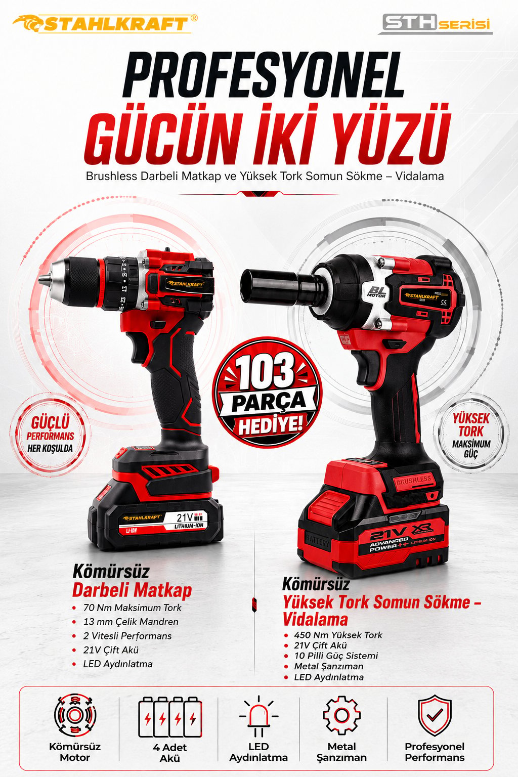 STAHLKRAFT PZTF 12600 21v Somun Sıkma Sökme Darbeli Matkap 4 batarya