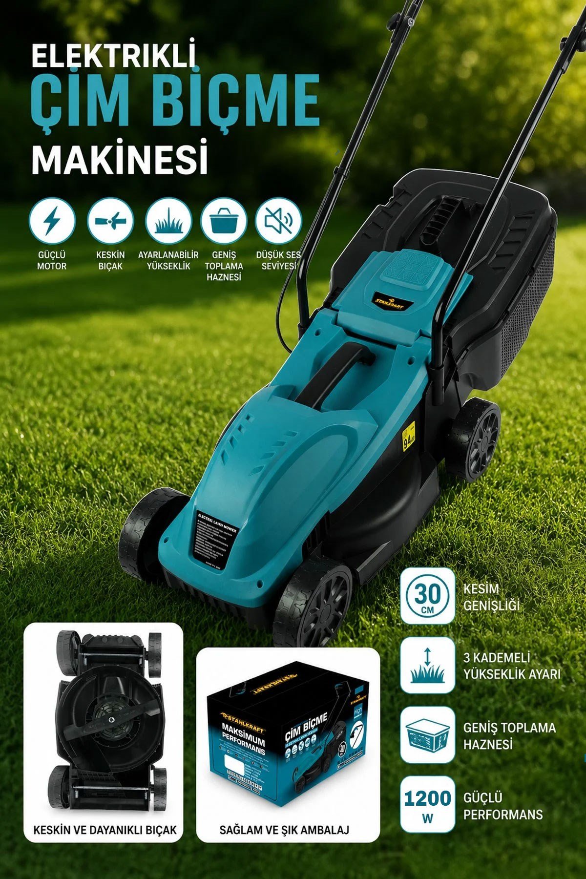 STAHLKRAFT STH 6211 1200W 30L Toplama Torbalı Elektrikli Çim Biçme Makinesi
