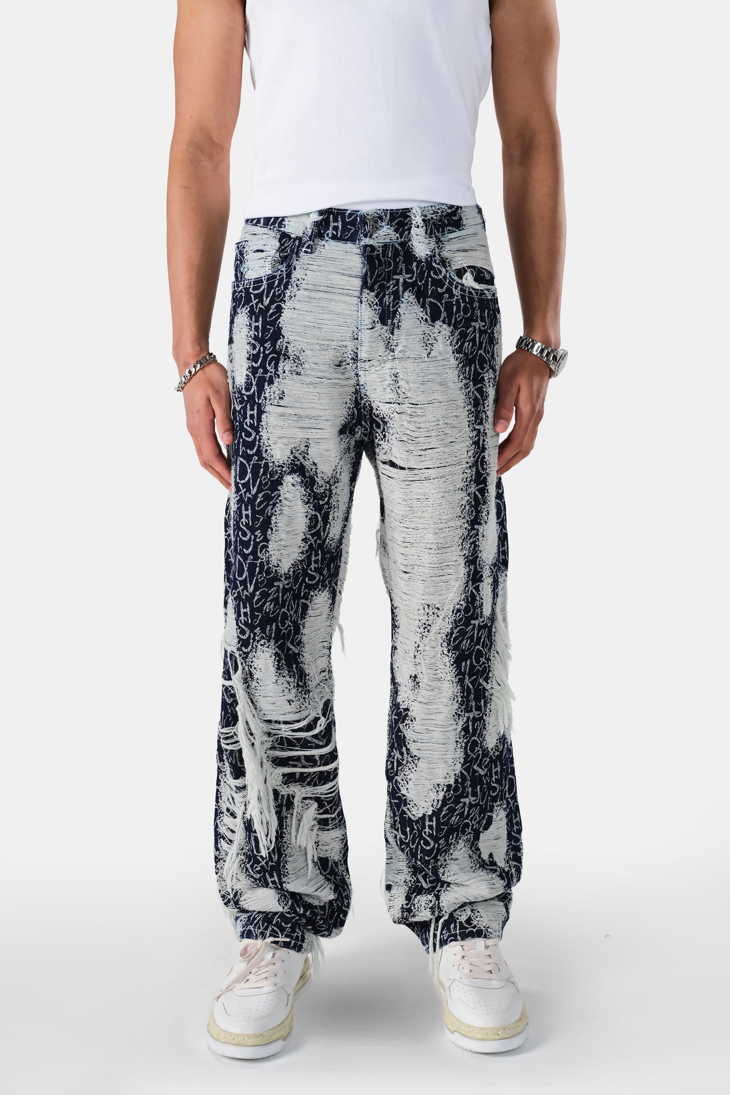 Karışık Desenli Yırtıklı Baggy Fit Jean