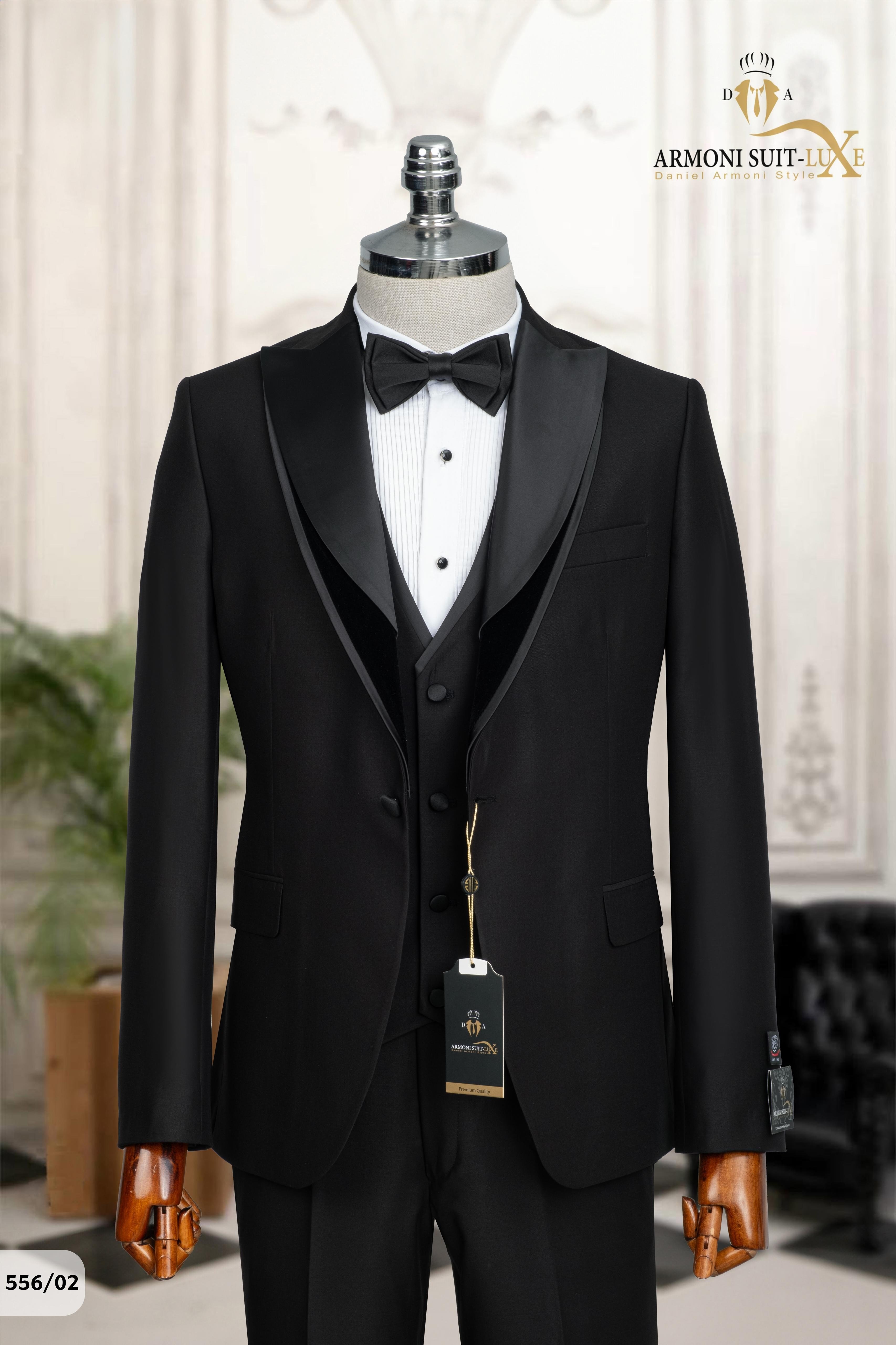  Slim Fit Siyah Düz Damatlık & Smokin Yelekli Şal Yaka Takim Elbise