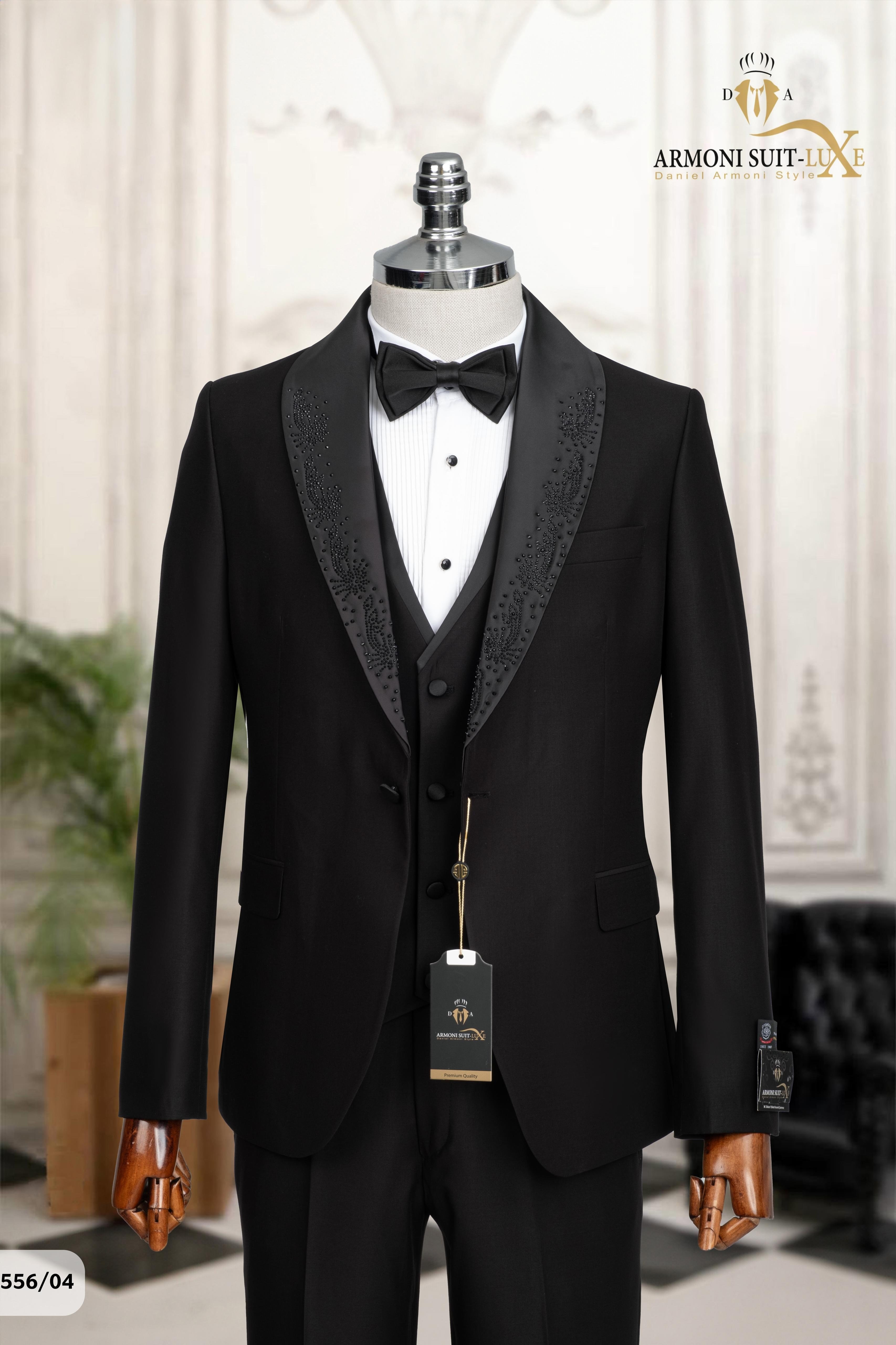 Slim Fit Dar Kesim Şal Yaka Nakış Desenli Siyah Smokin Takım