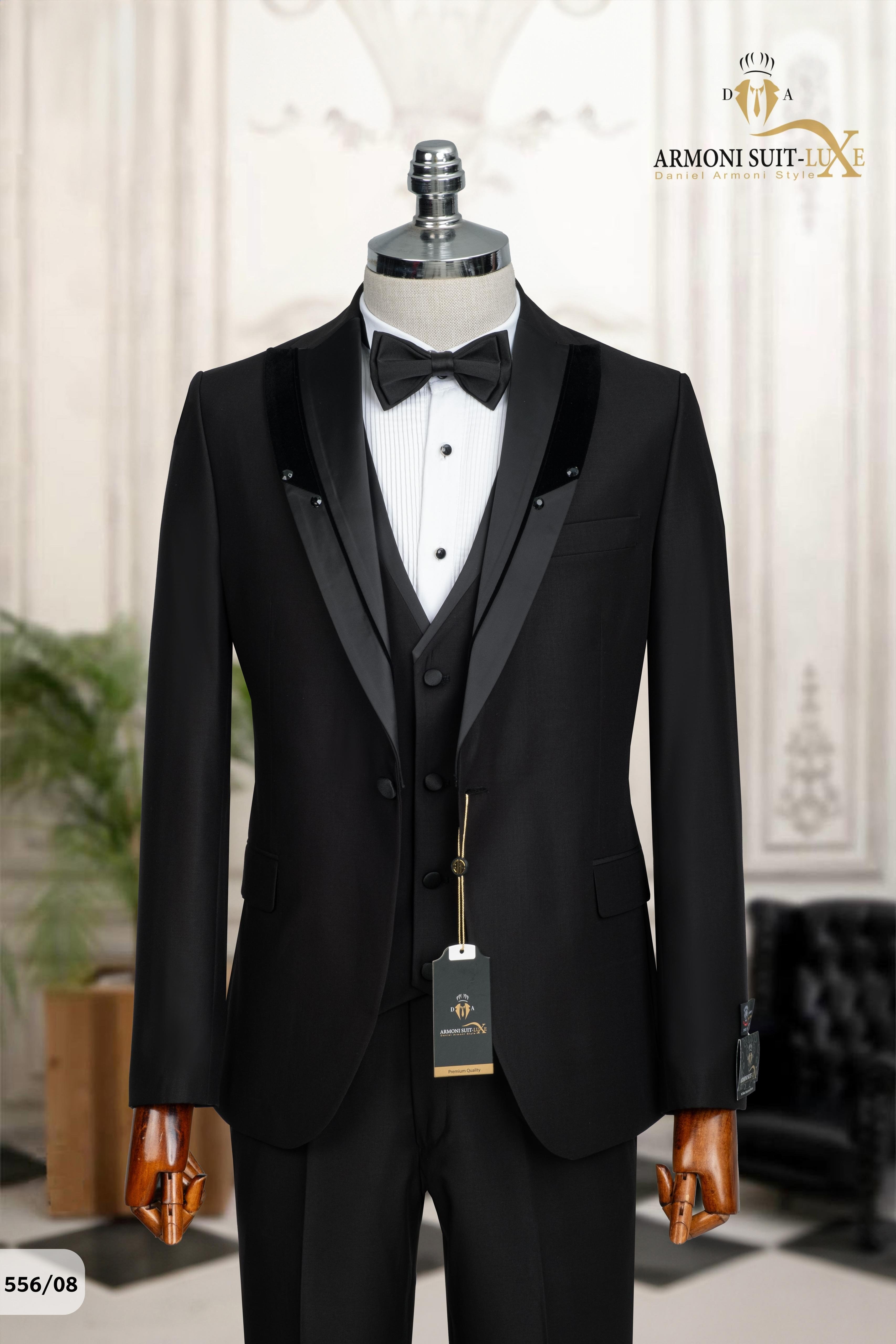 Slim Fit Siyah Düz Damatlık & Smokin Yelekli Takim Elbise
