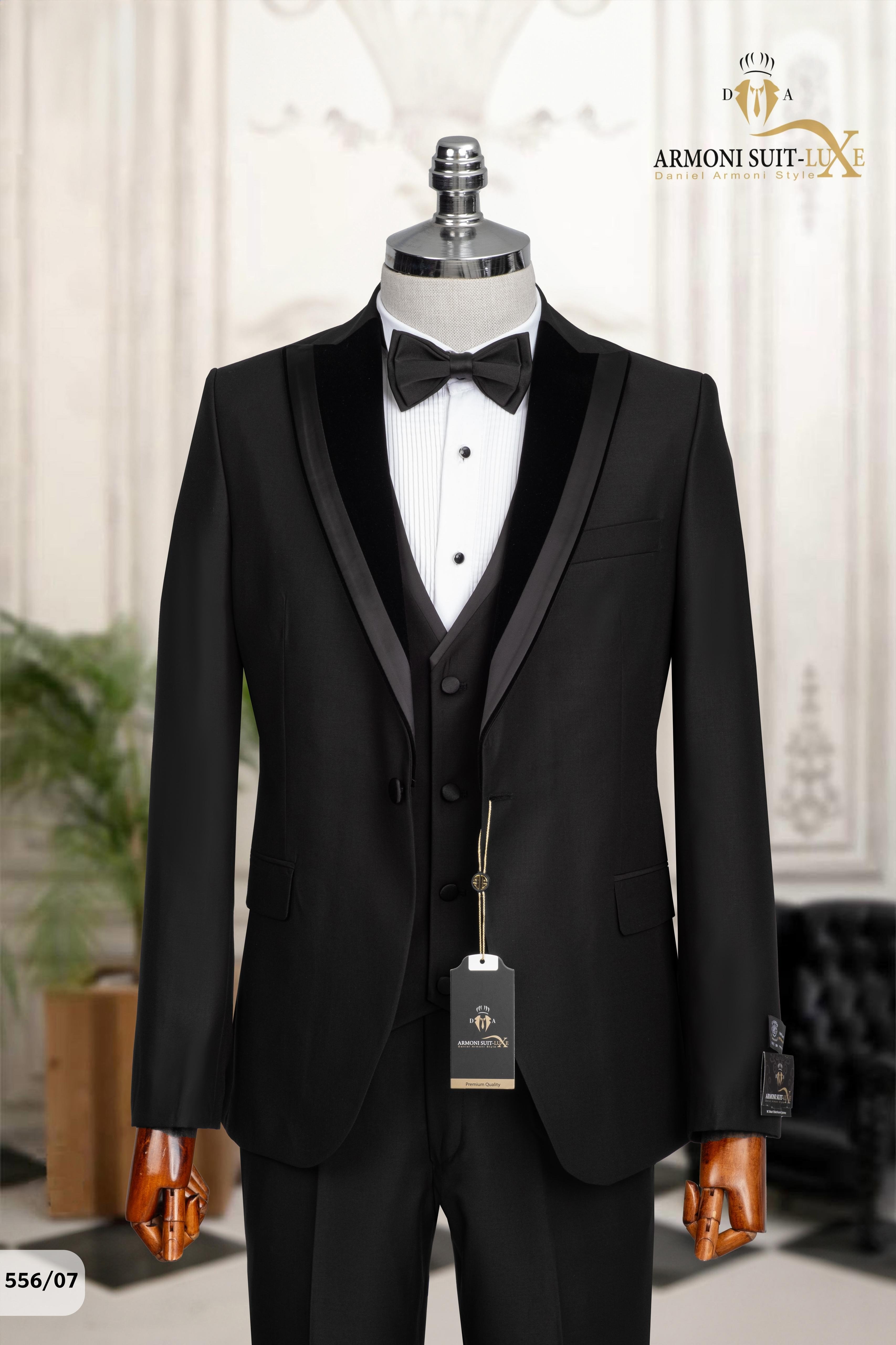 Slim Fit Siyah Düz Damatlık & Smokin Yelekli Takim Elbise