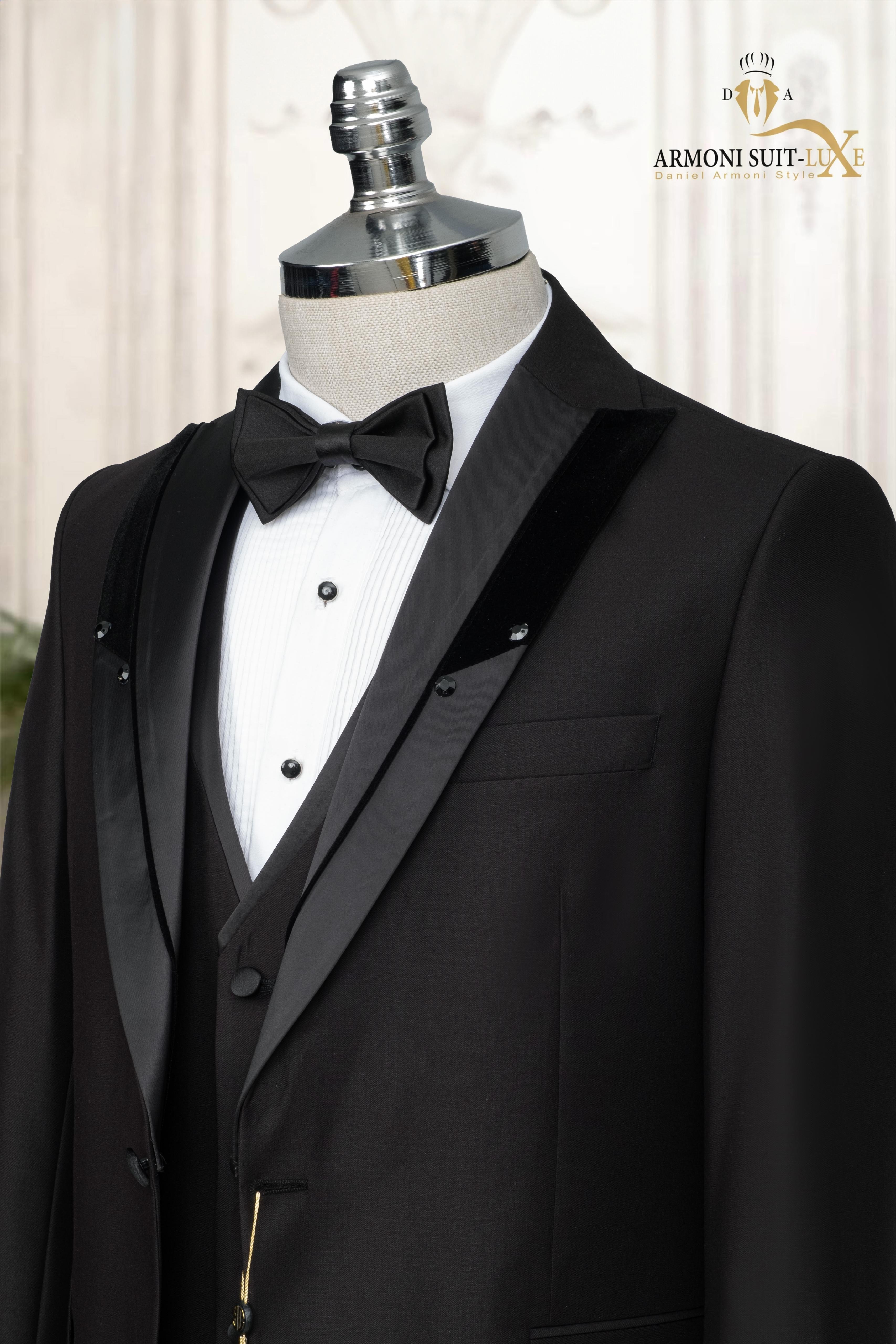 Slim Fit Siyah Düz Damatlık & Smokin Yelekli Takim Elbise