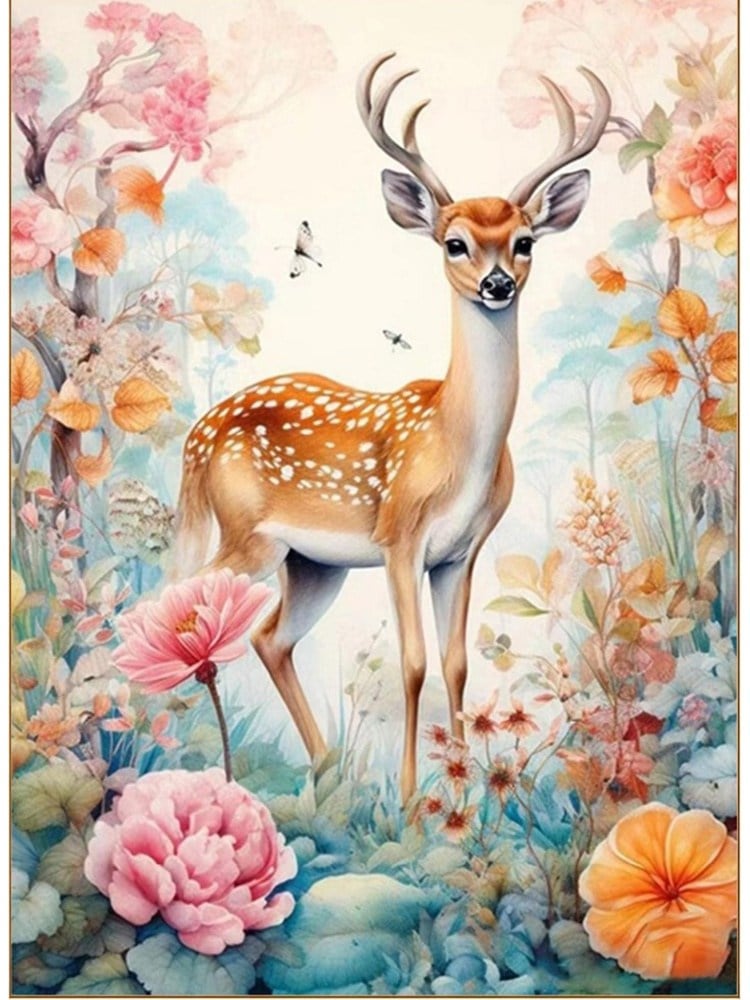 Hobby Mood Elmas Mozaik Tablo Kiti - Çiçekler Arasında Geyik (30x40 cm) - GD87019