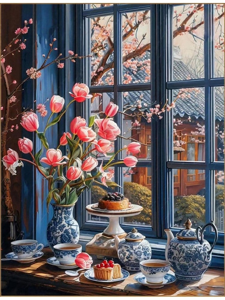 Hobby Mood Elmas Mozaik Tablo Kiti - Pencerede Laleler ve Çay (40x50 cm) - GC87325