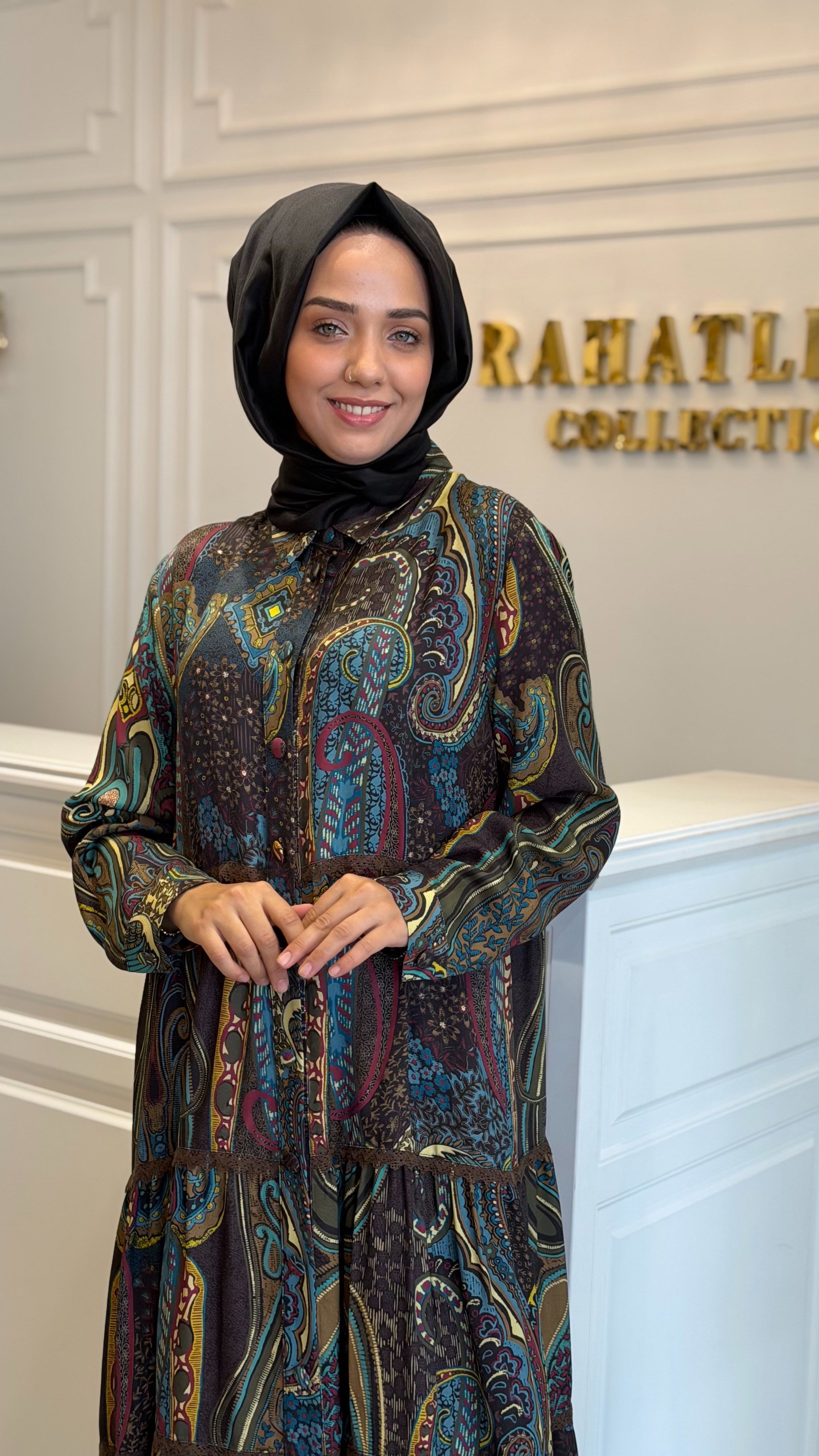 GHISA 4490 ŞAL DESENLİ ELBİSE KAHVE