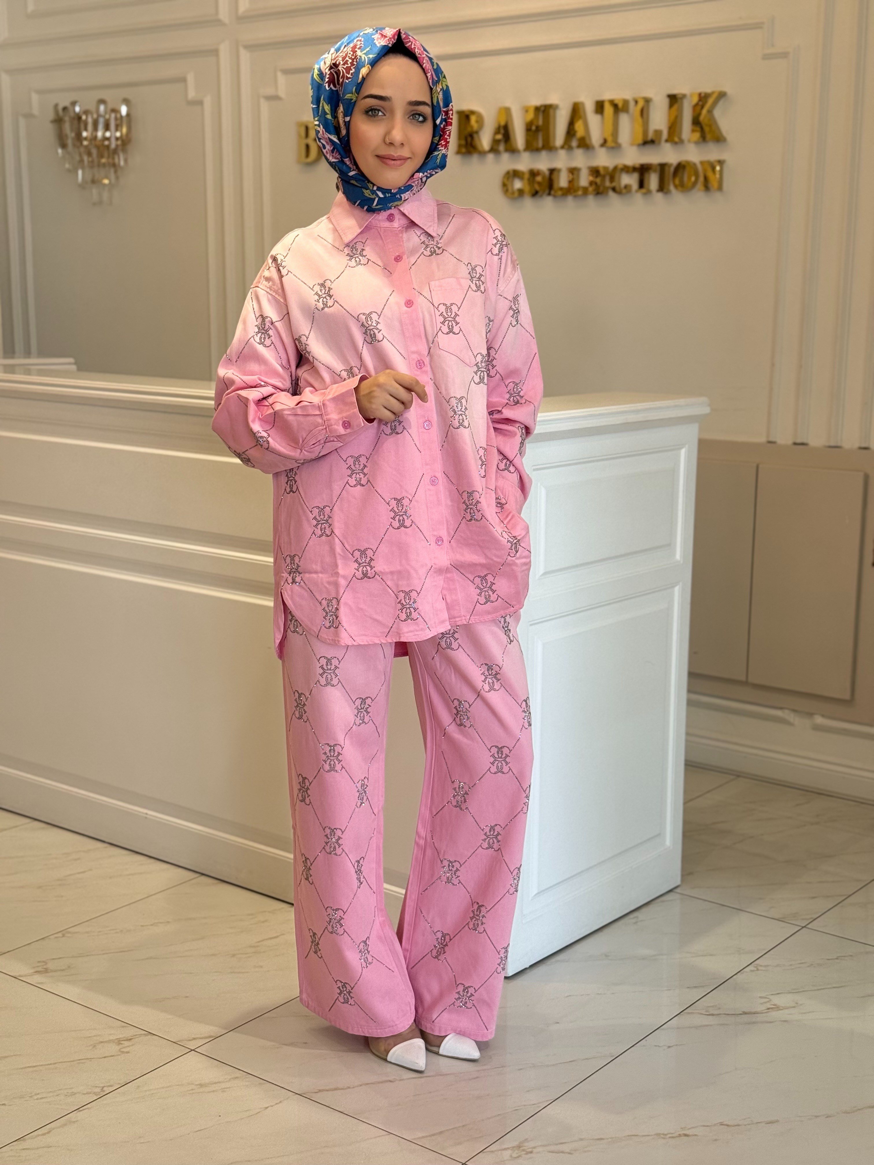 .Ghısa Harf Taş İşlemeli Kot Takım Pembe