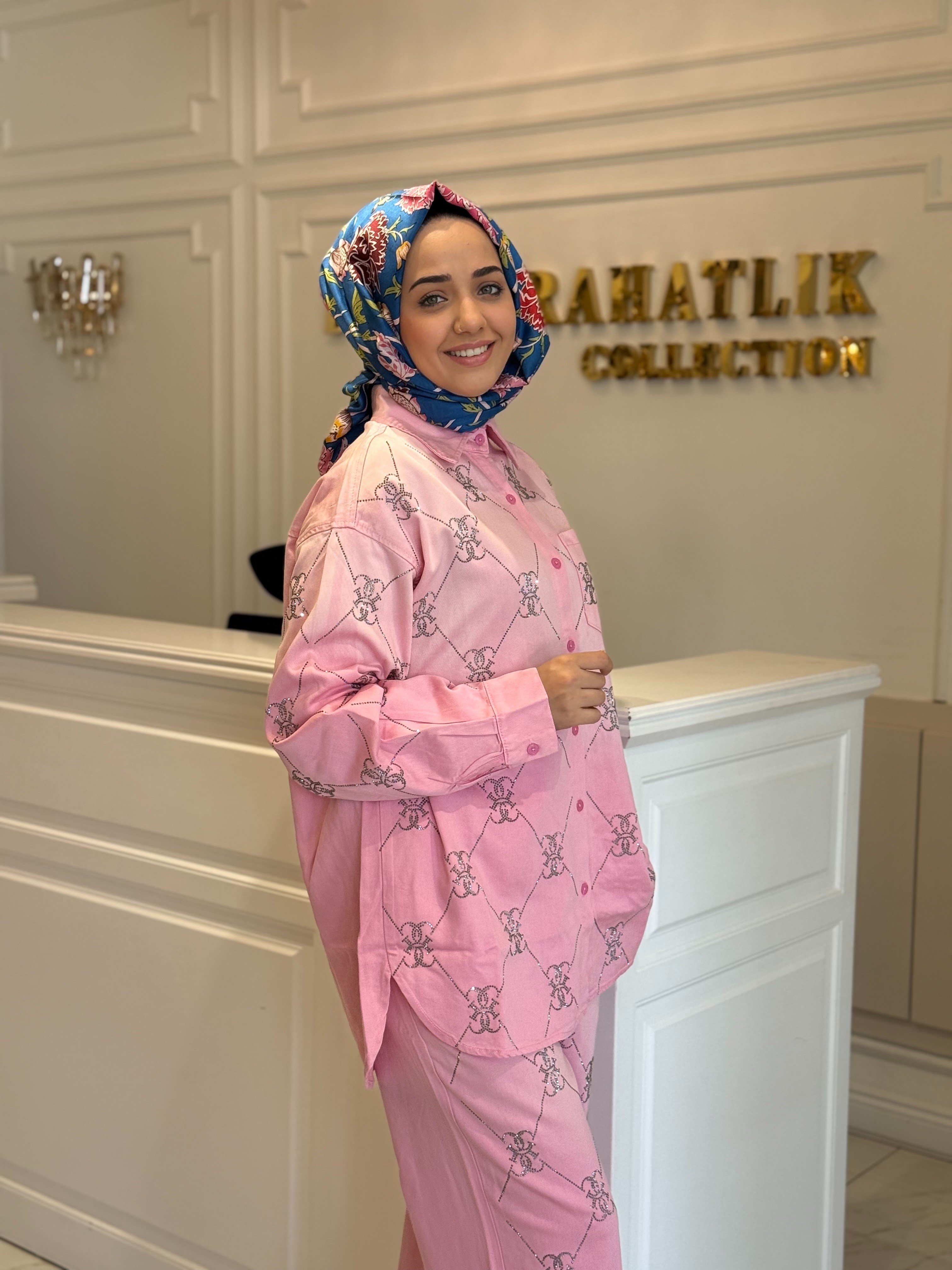 .Ghısa Harf Taş İşlemeli Kot Takım Pembe
