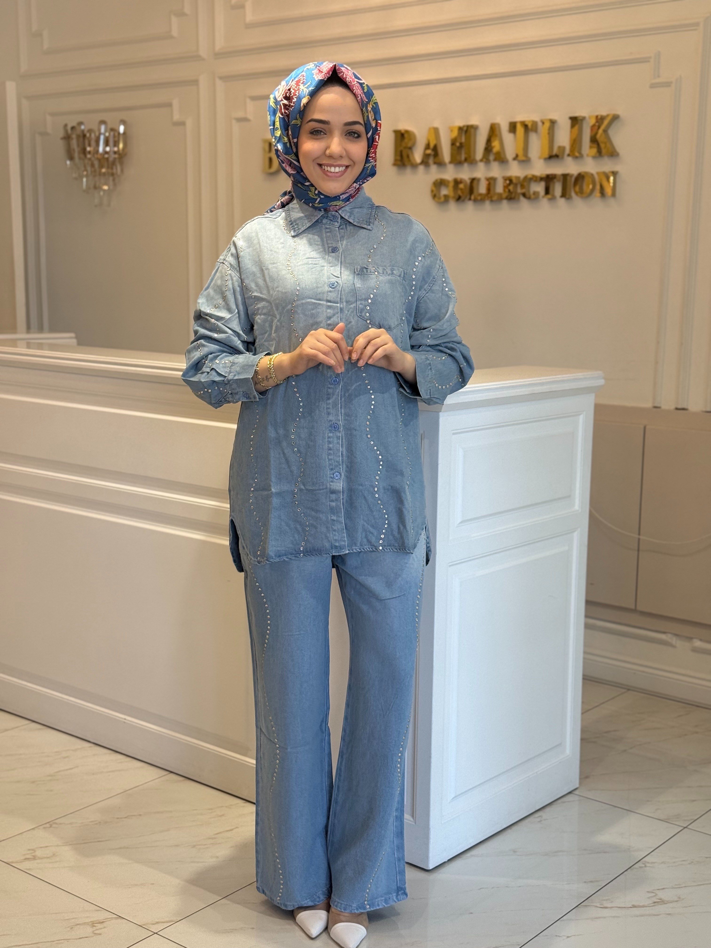 Ghısa Aynalı Taş İşlemeli Kot Takım