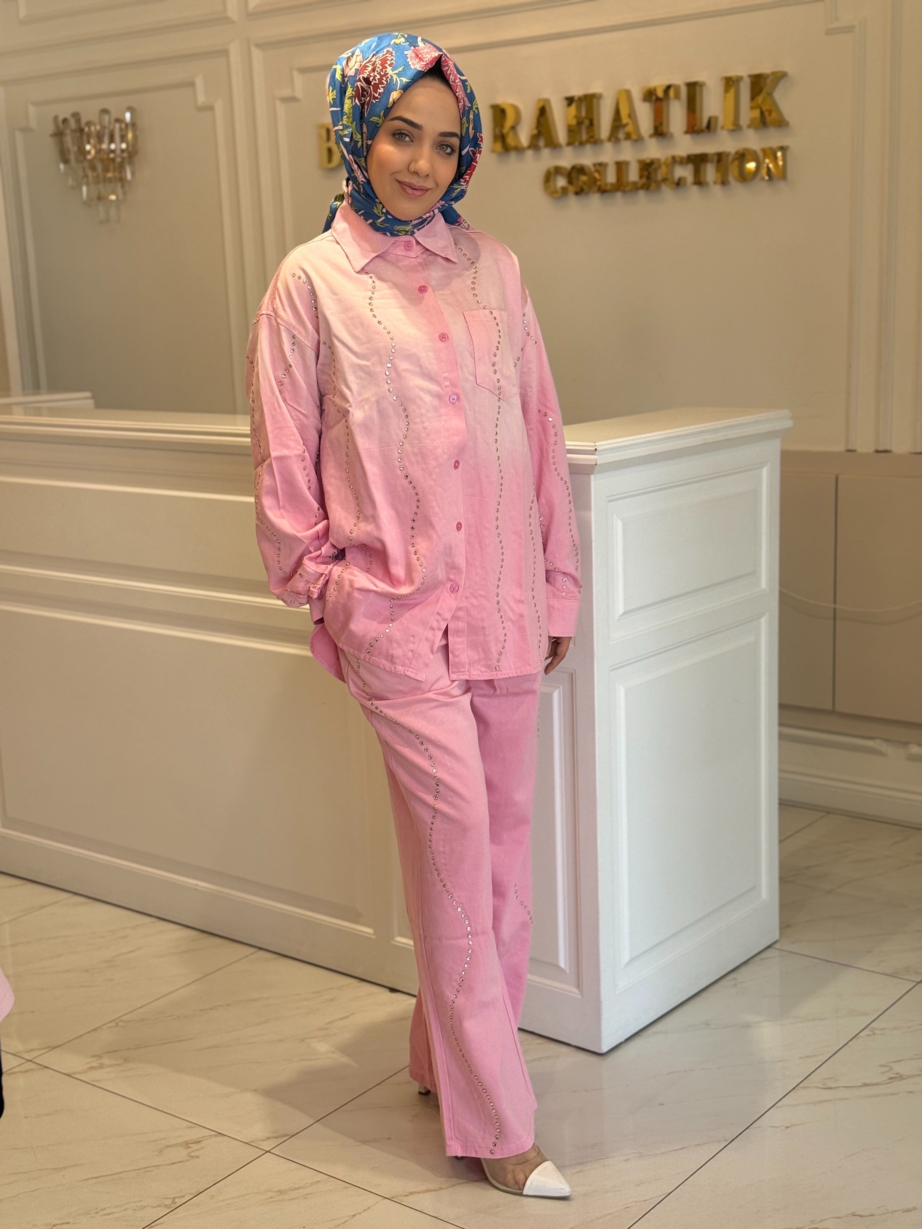 Ghısa Aynalı Taş İşlemeli Kot Takım Pembe