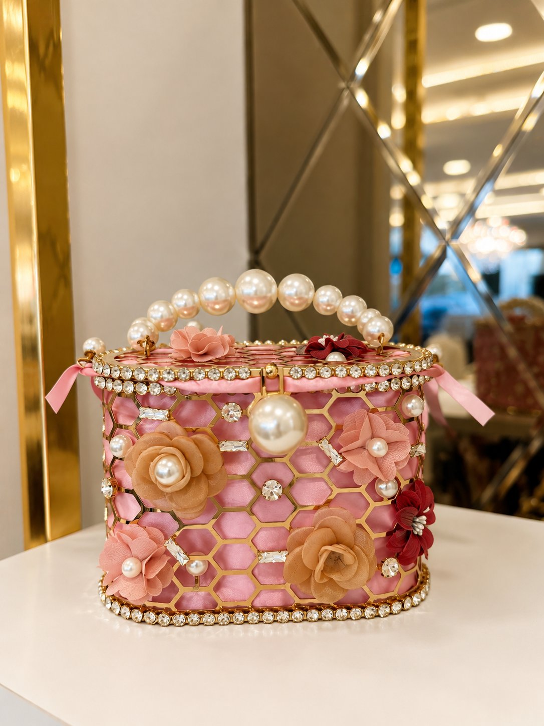 İTHAL İNCİ VE GÜL DETAYLI ÇANTA PEMBE