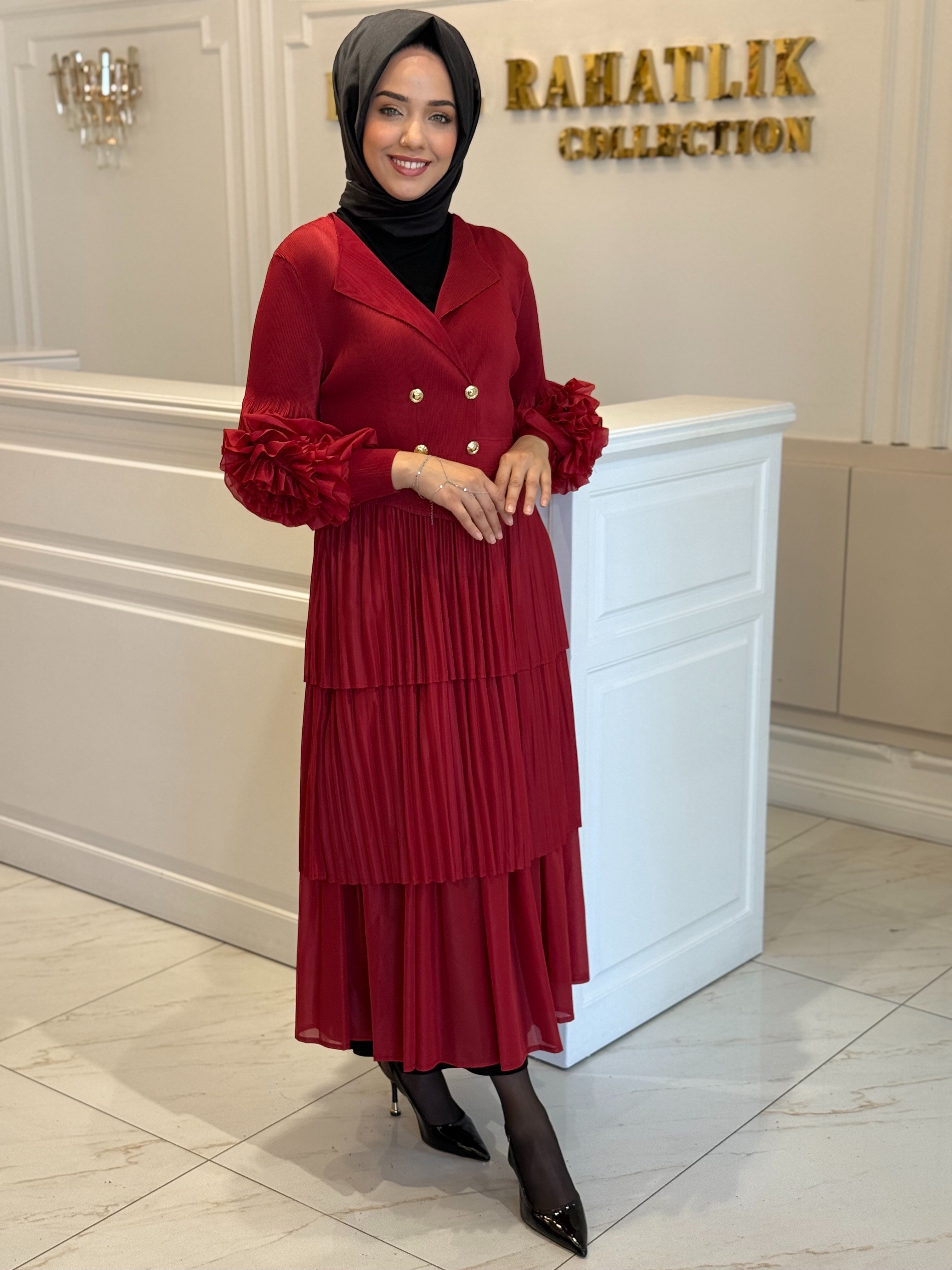BTL İTHAL AKORDİYON ELBİSE KIRMIZI