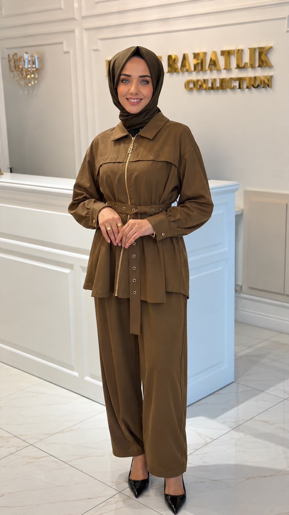MISSEMRAMISS 5283 NAKIŞLI KEMERLİ TAKIM CAMEL